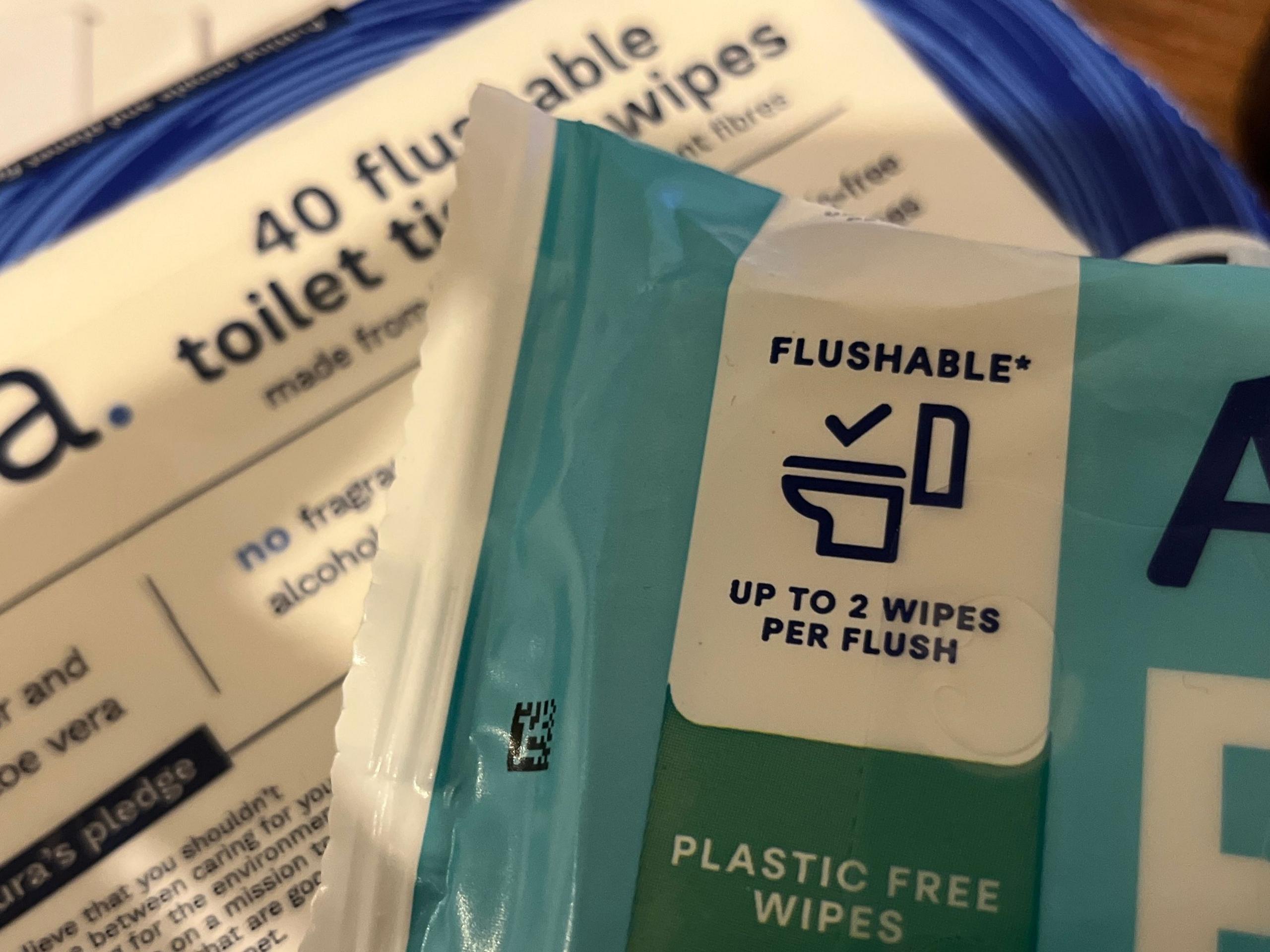 Close up of wet wipe packaging showing that they are labelled "flushable".