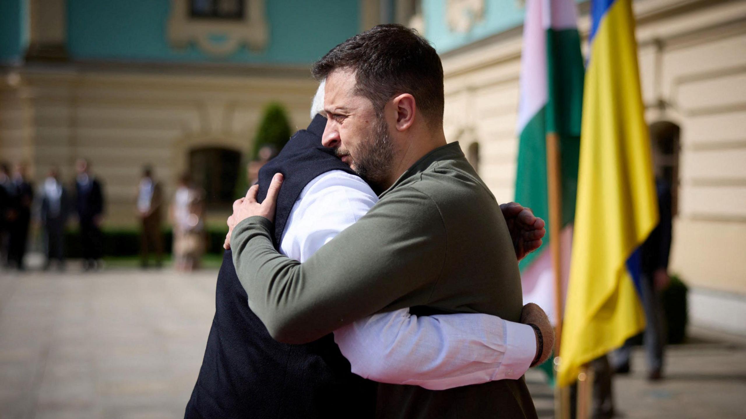 President Volodymyr Zelensky embraces Prime Minister Narendra Modi