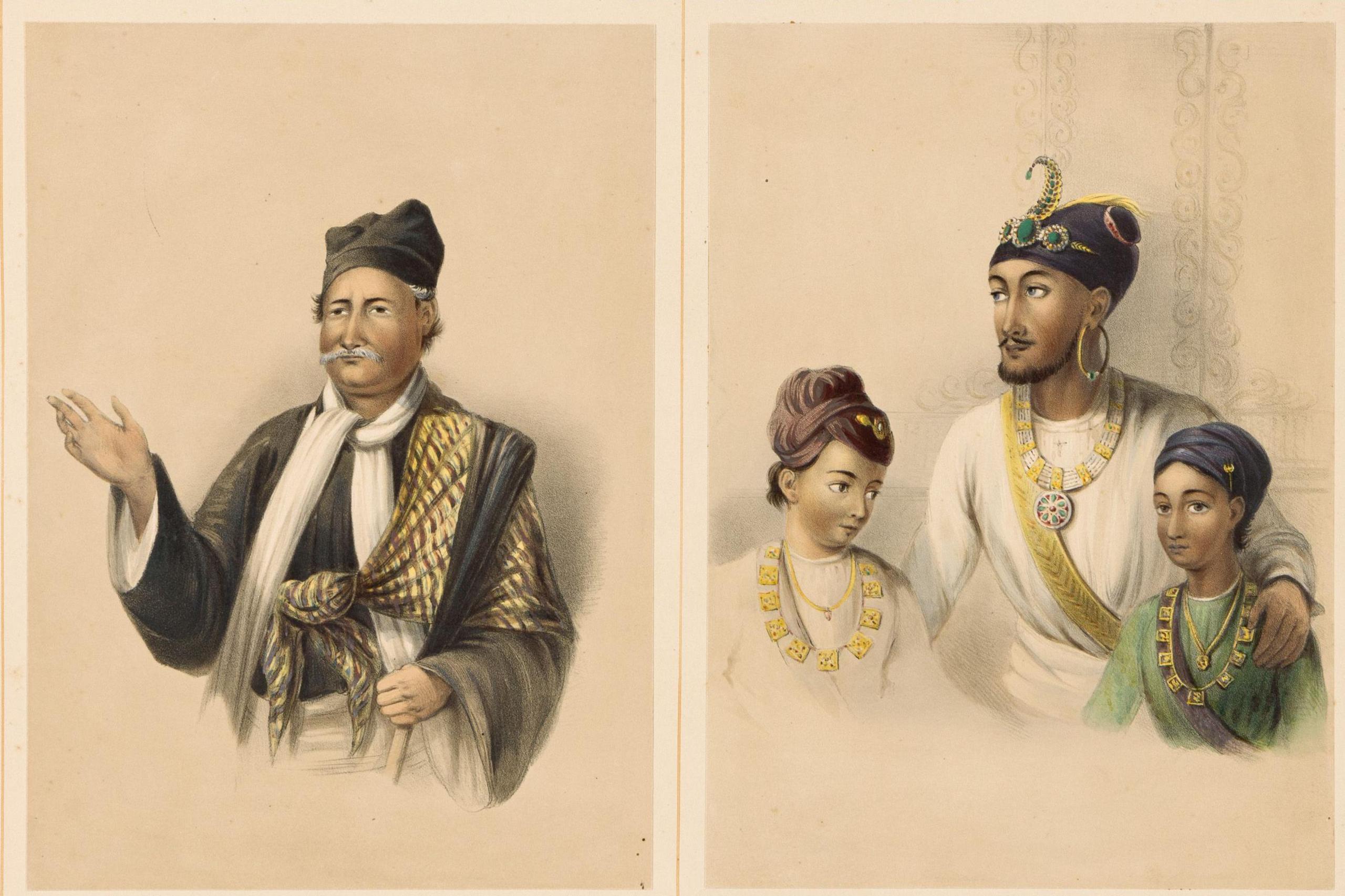 On the left, Eden portrays the Christian convert Anand Masseh, a teacher. On the right, King Fateh Prakash is shown with his sons in traditional dress and jewellery. Together, the portraits reflect Eden's fascination with the diverse people she encountered across northern India.