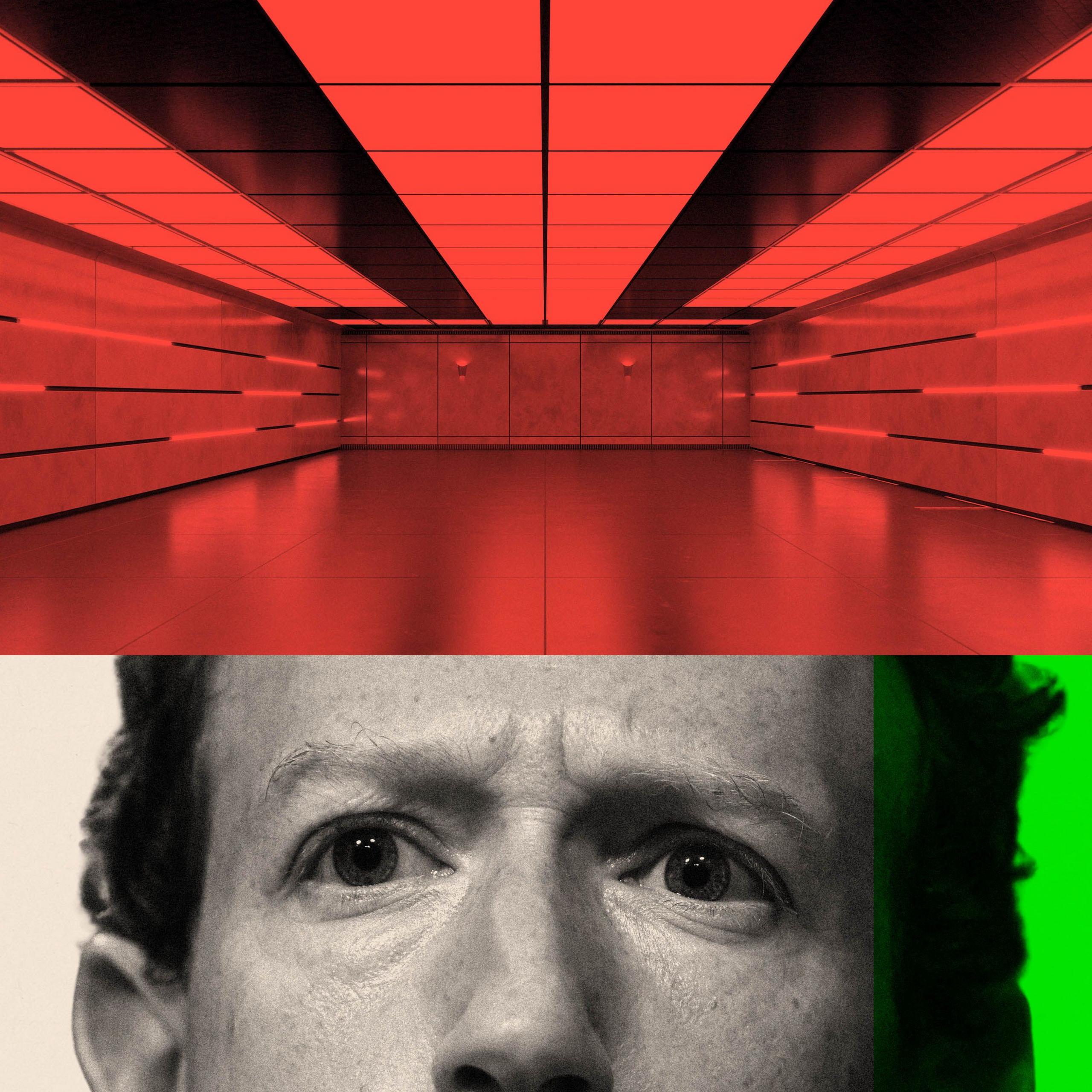 A treated dual image - the top is of an underground room, while the below image is of Mark Zuckerberg