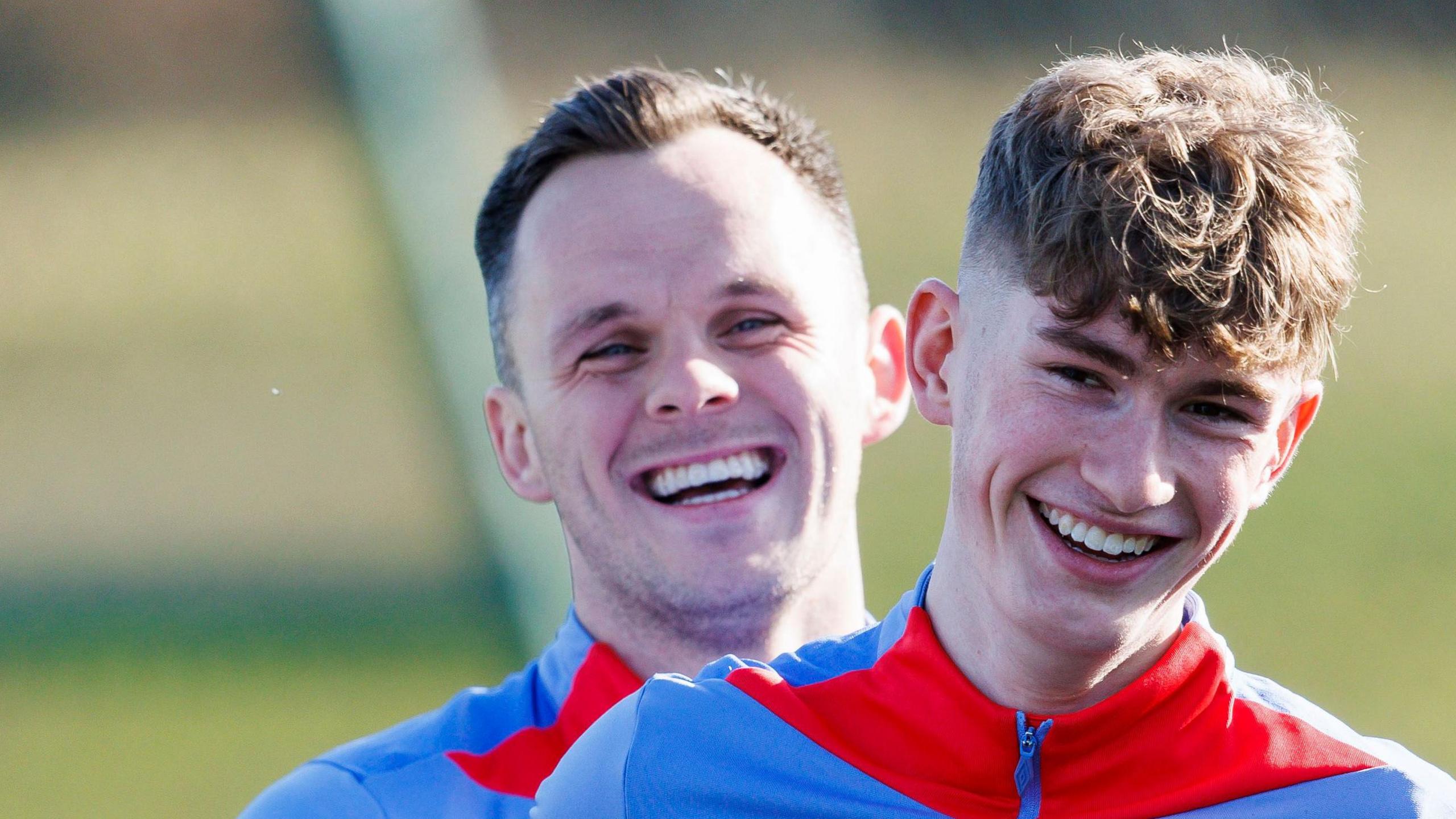 Lawrence Shankland (L) and James Wilson (R) during a Heart of Midlothian training session at the Oriam, on March 06, 2025, in Edinburgh, Scotland.