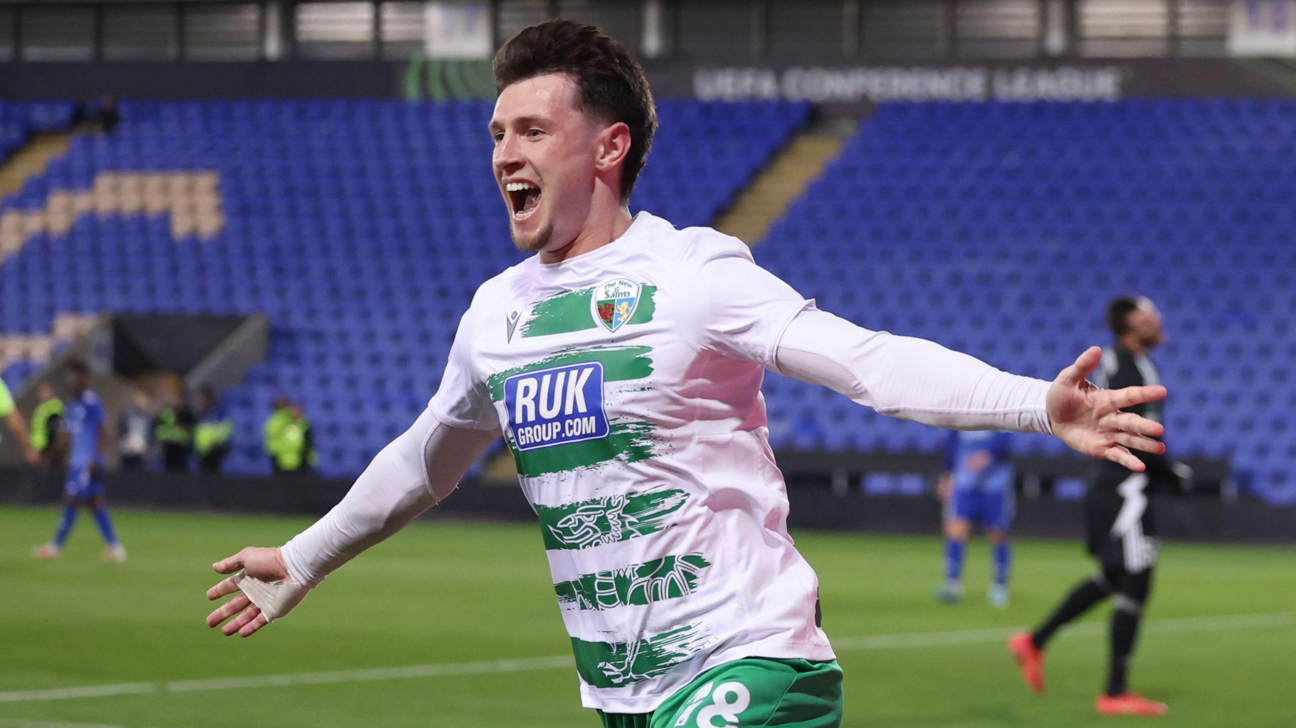 Rory Holden of The New Saints celebrates