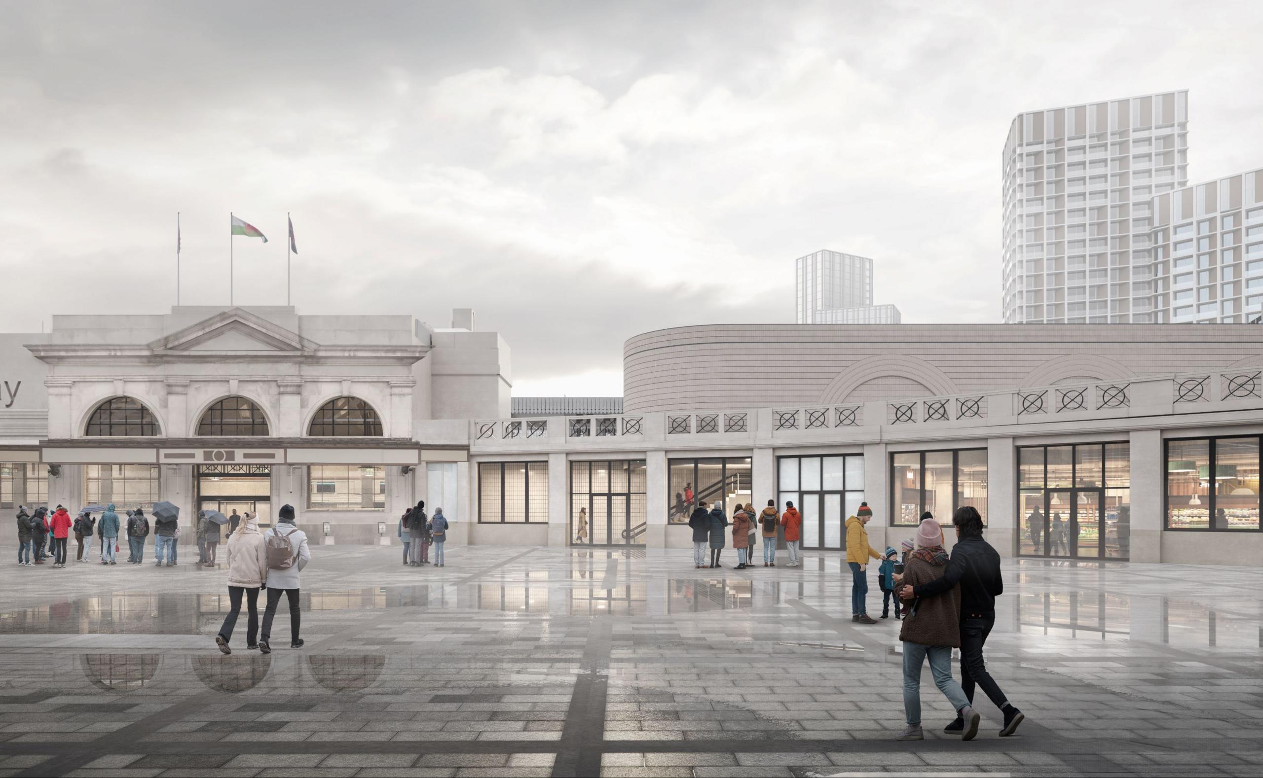 An artist's picture of the main entrance of Cardiff Central station, which shows a new look for its platform 0 entrance with a new stairway and windows into the food store. People can be seen walking across the tiled entrance of central square arm in arm, with puddles along the floor. 