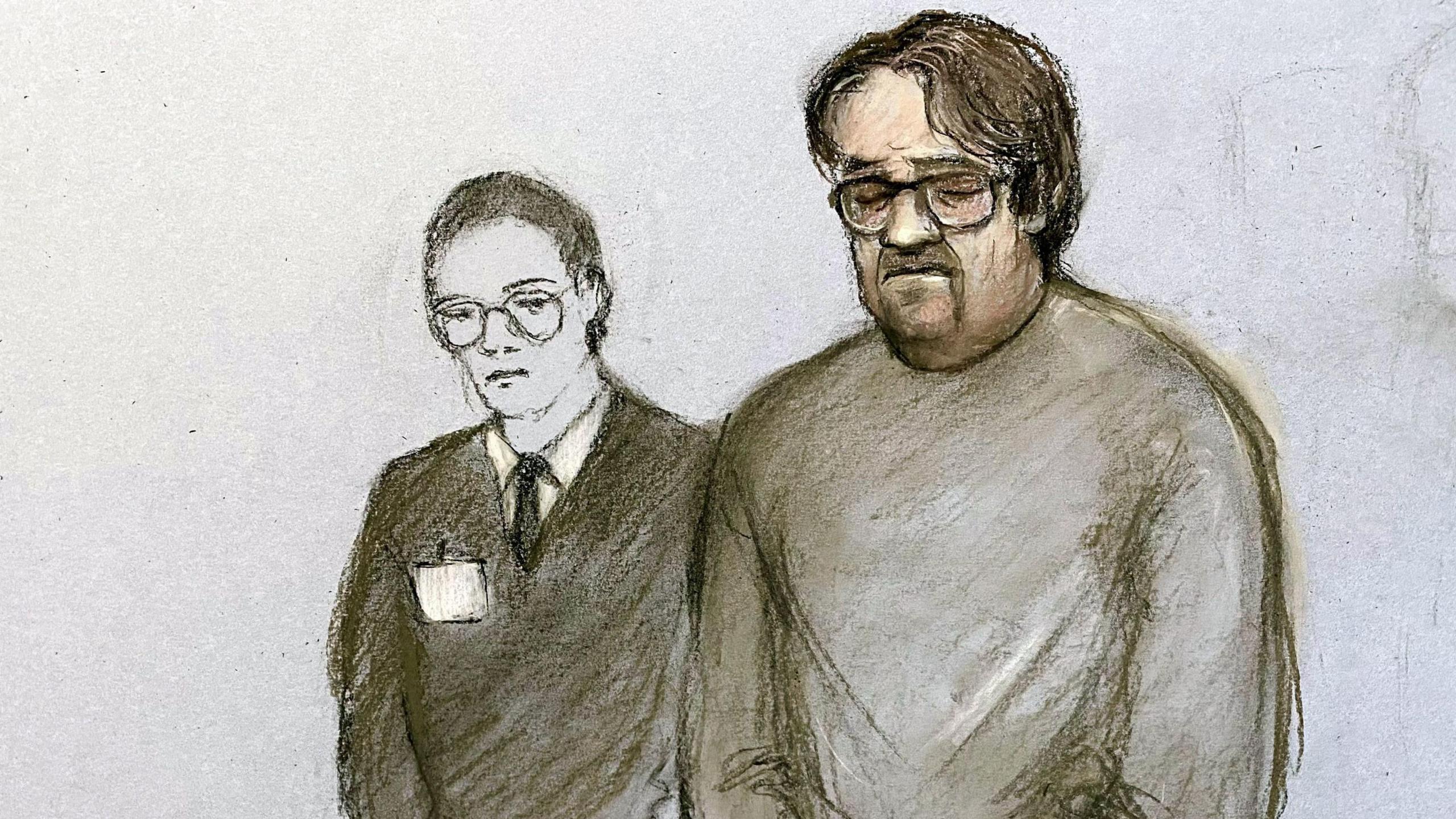 Court artist sketch of surgeon Neil Hopper. He is standing next to a female member of staff and looking down.