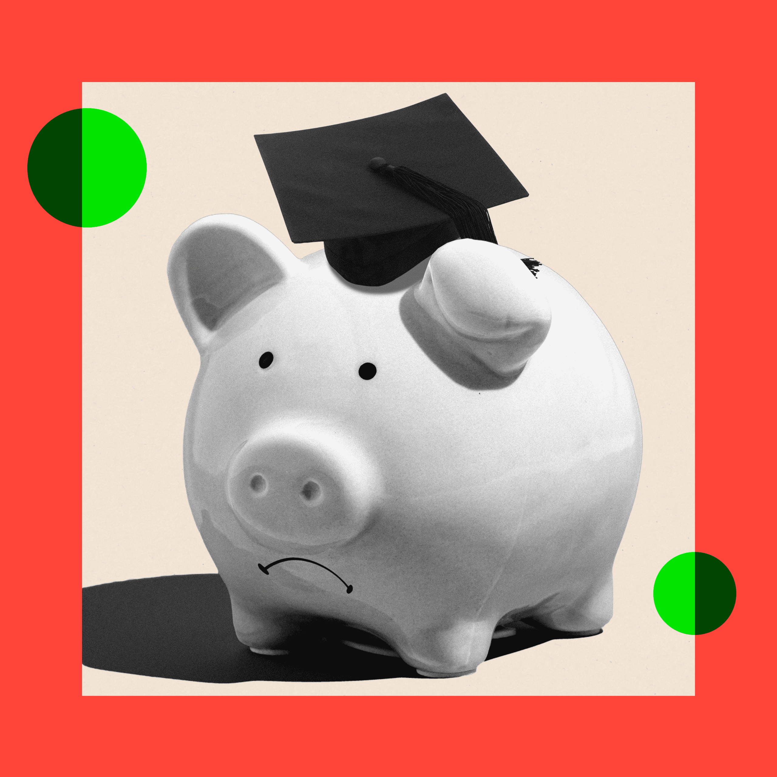 Treated image of a piggy bank with a sad face and a square academic cap/graduate cap on top of it