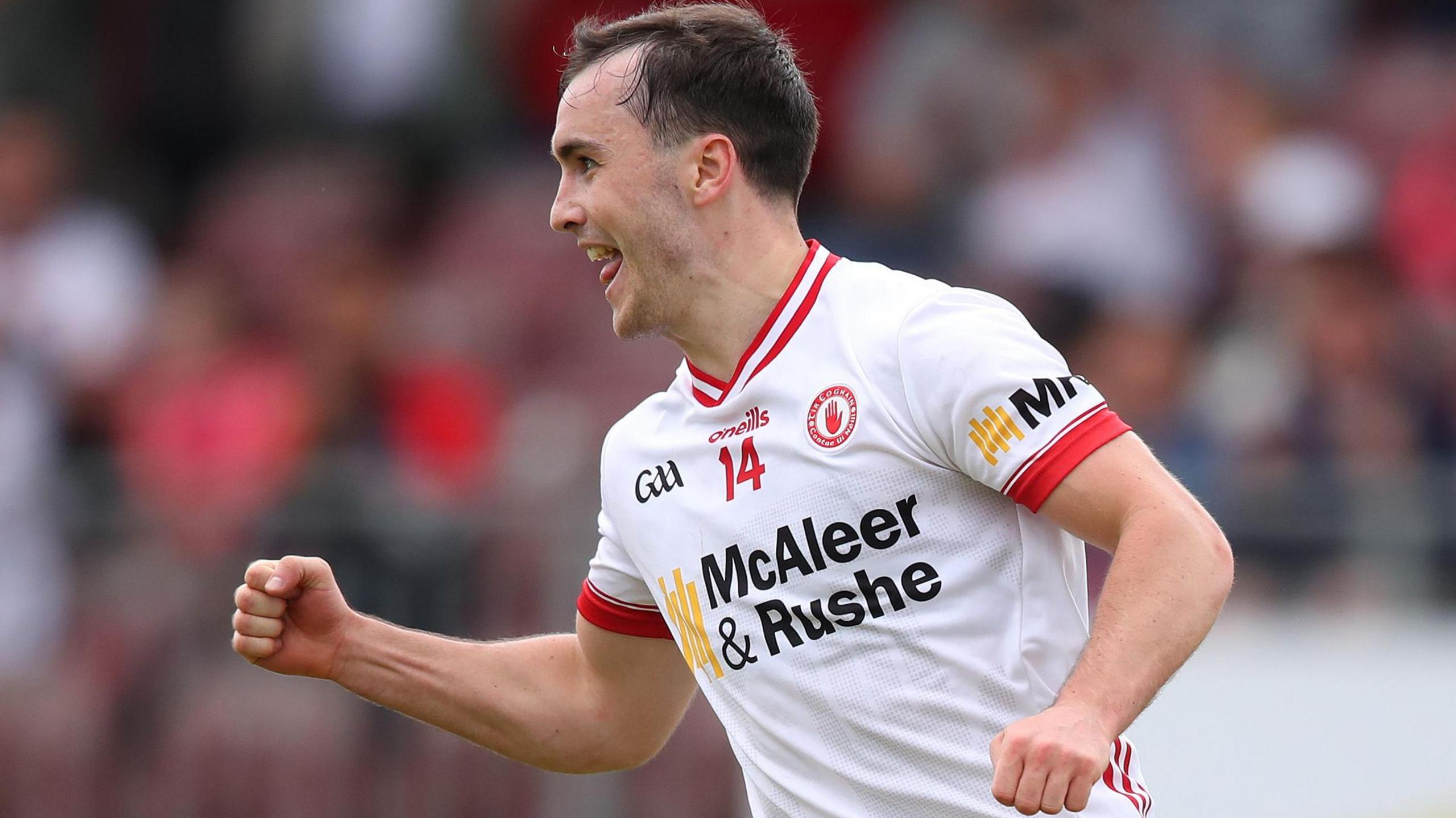 Tyrone's Darragh Canavan celebrates after scoring his second-half goal at Healy Park