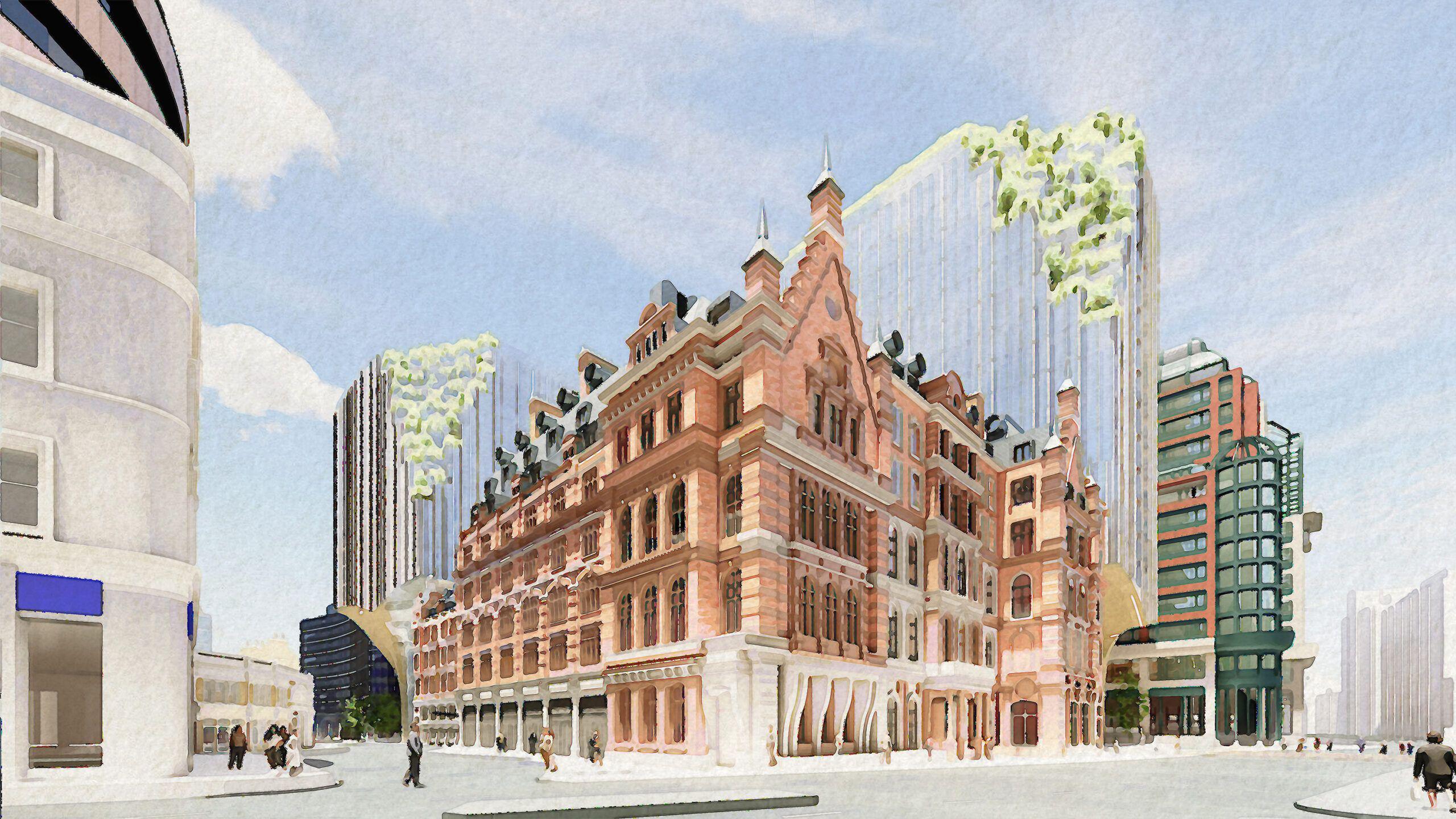 An artist's impression of the exterior view Liverpool Street Station, with the brick facade of the former hotel in the foreground and glass office building with a stepped roof featuring greenery in the background