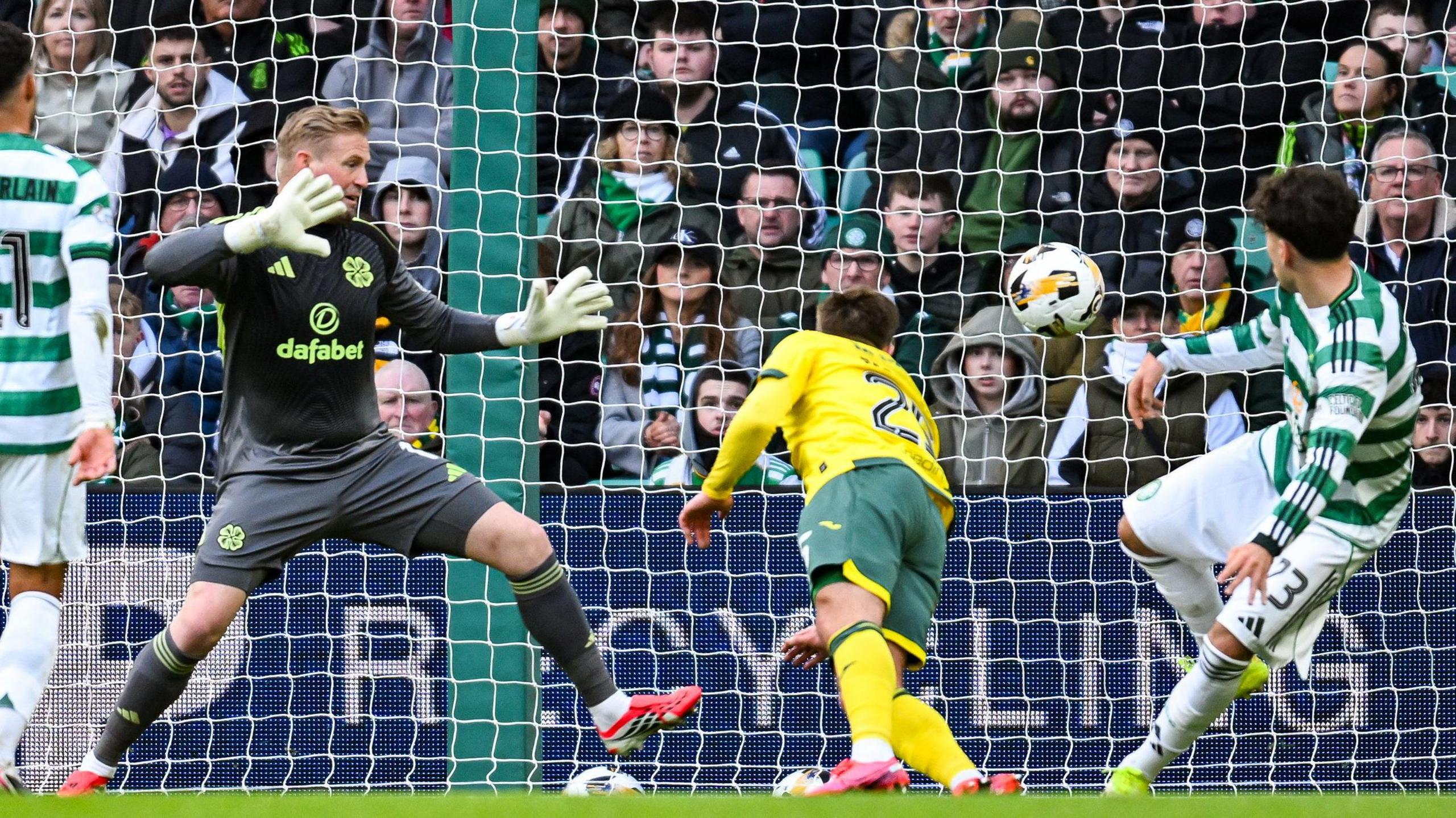 Felix Passlack scores for Hibernian against Celtic
