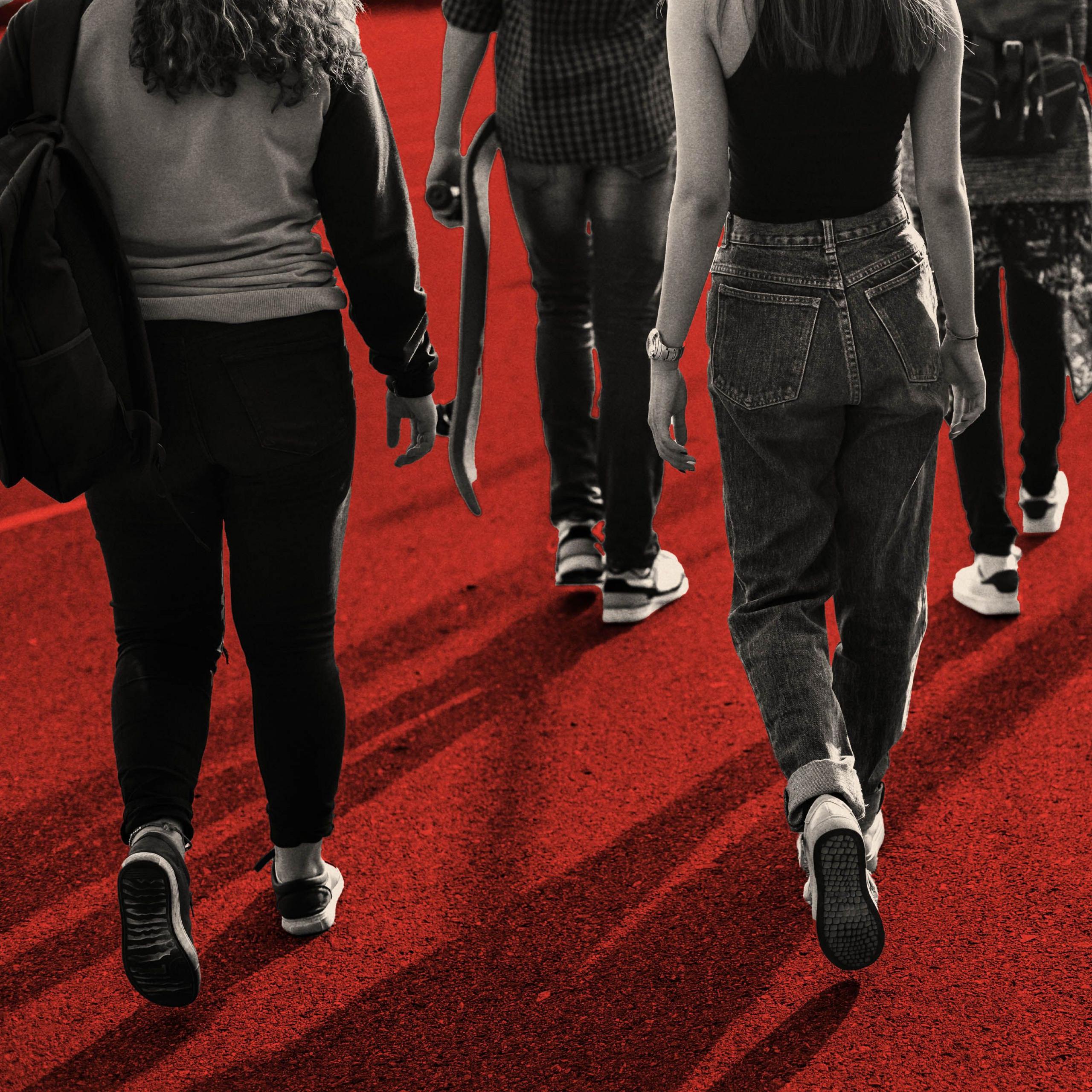 A treated image of a group of school friends walking outdoors