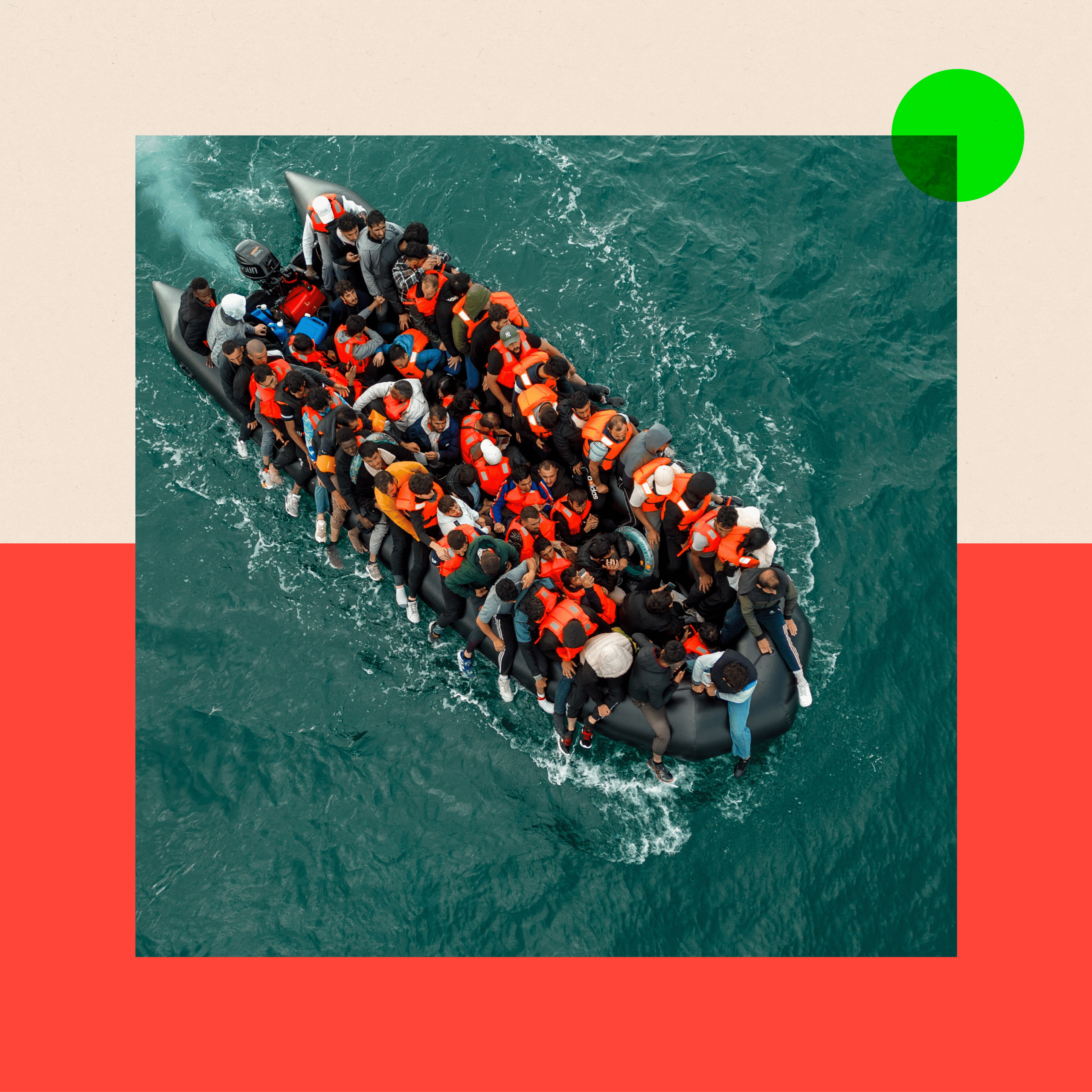 Aerial photo of a black rubber dinghy in the sea packed with around 50 people wearing lifejackets, in many cases with their legs hanging over the side of the boat. The BBC presenter Nick Robinson is pictured separately to the right of the composite.