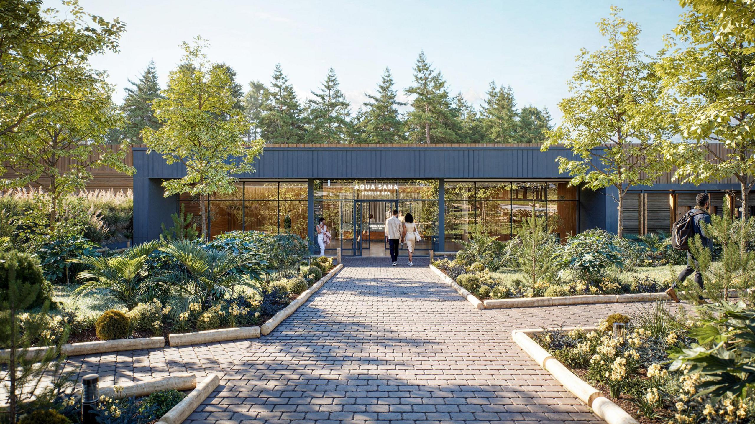 A computer generated view of a Center Parcs building with an Aqua Sana spa and paths around between the trees and a few people milling about
