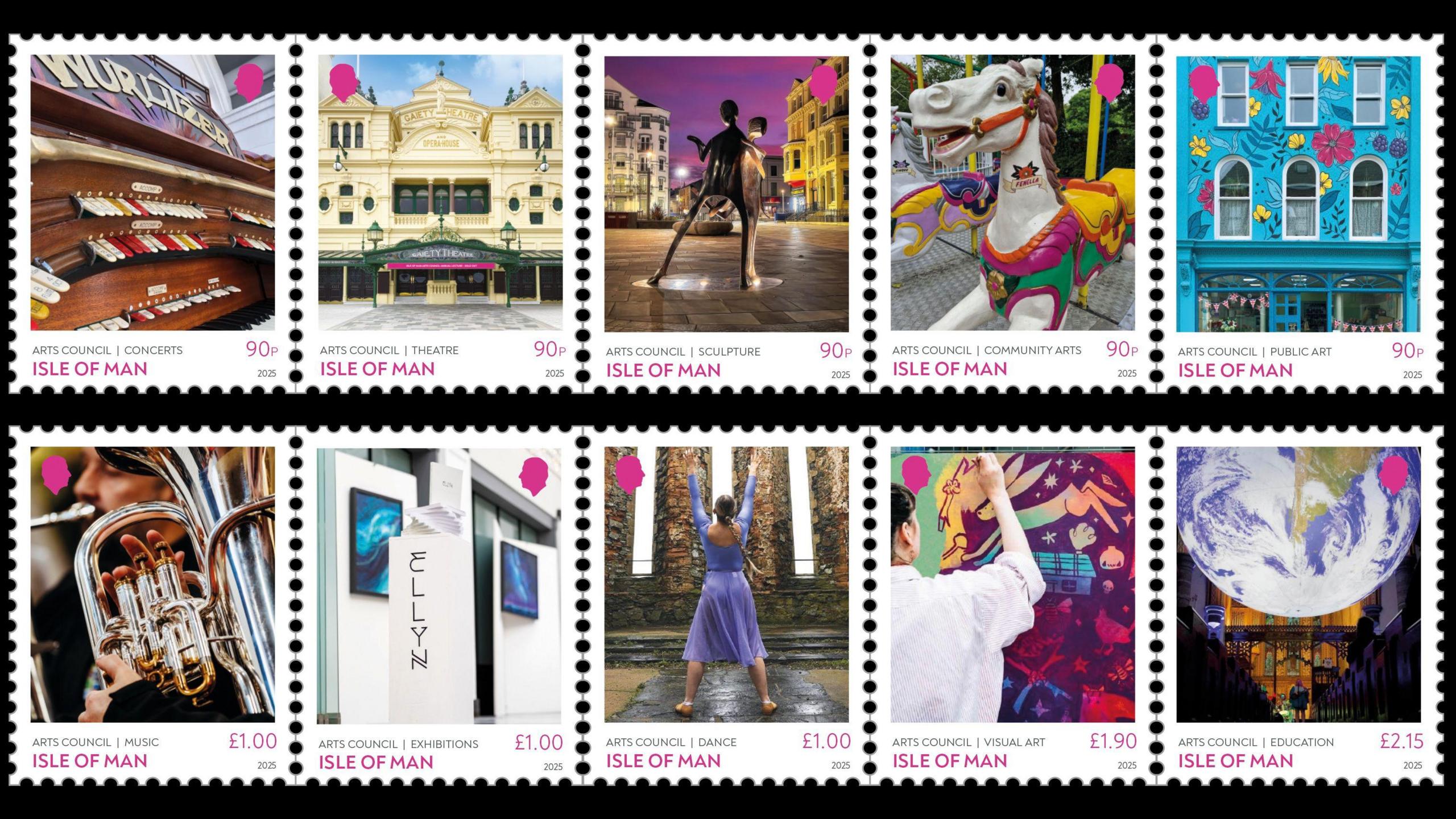 Ten stamps, the first a closeup of a xylophone, the second shows the Gaiety Theatre, the next shows a sculpture of two people dancing at night, another shows a horse from a carousel ride, a building painted blue with flowers, a man plays the tuba, an exhibition, a dancer wears a blue dress, a man paints and a giant globe.