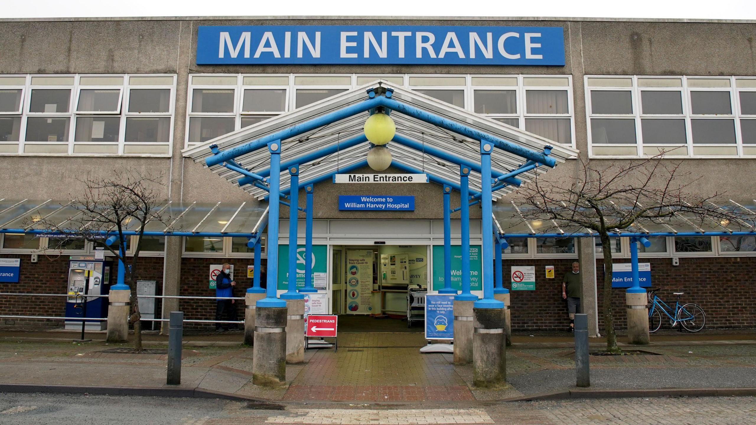 A direct view of the main entrance to the William Harvey Hospital in Ashford, Kent.