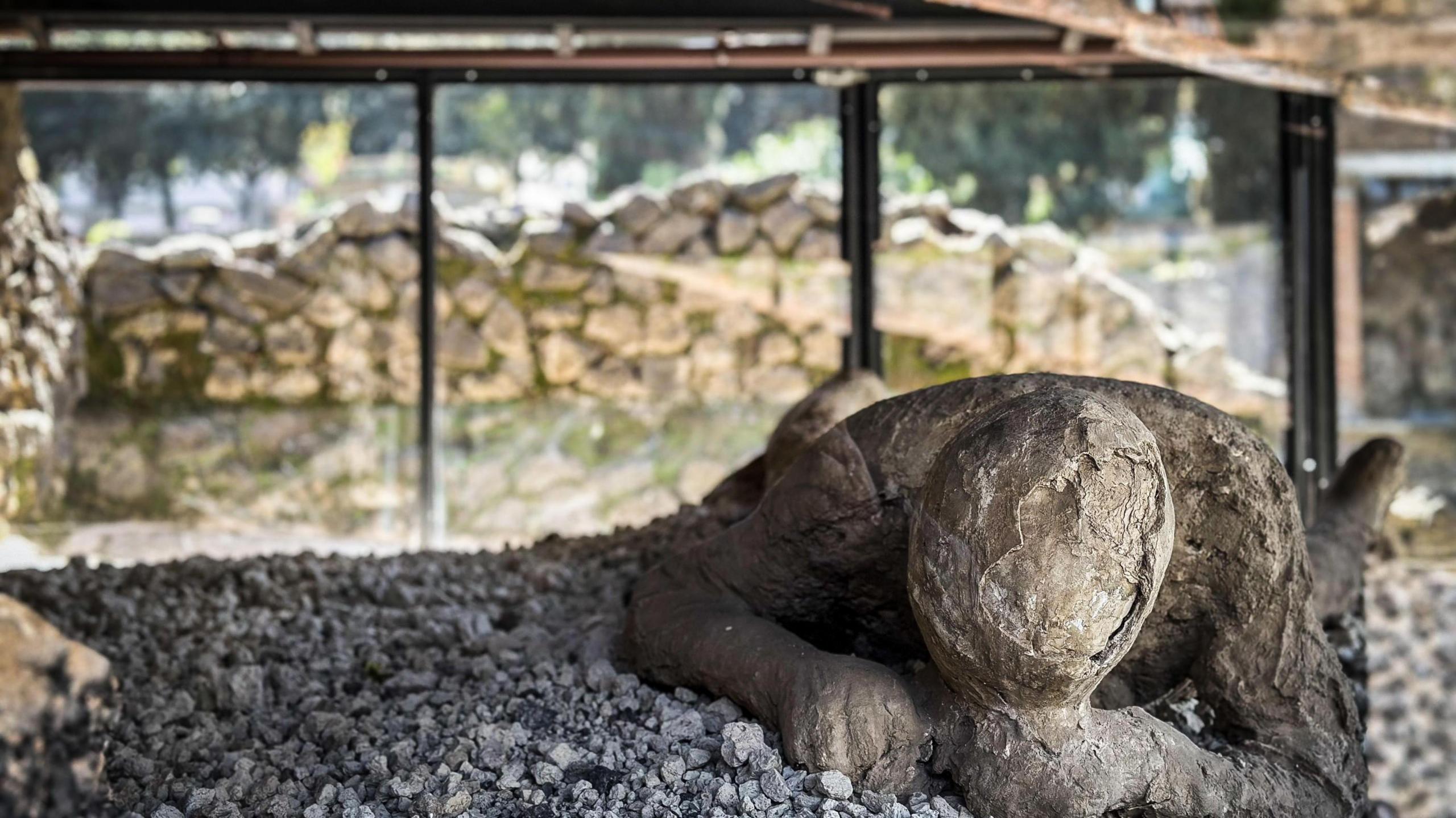 Plaster casts of twisted bodies who died during the eruption of Vesuvius in AD79 are on display Pompeii