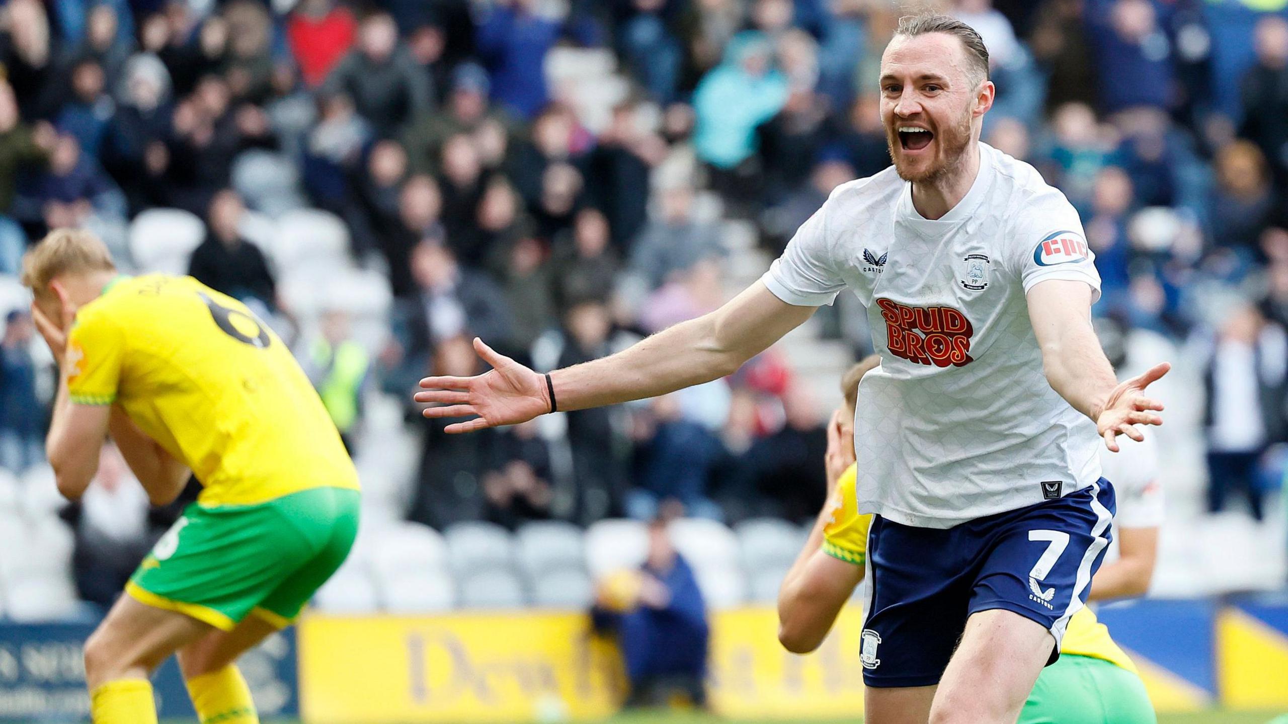 Preston North End striker Will Keane celebrates his goal against Norwich City