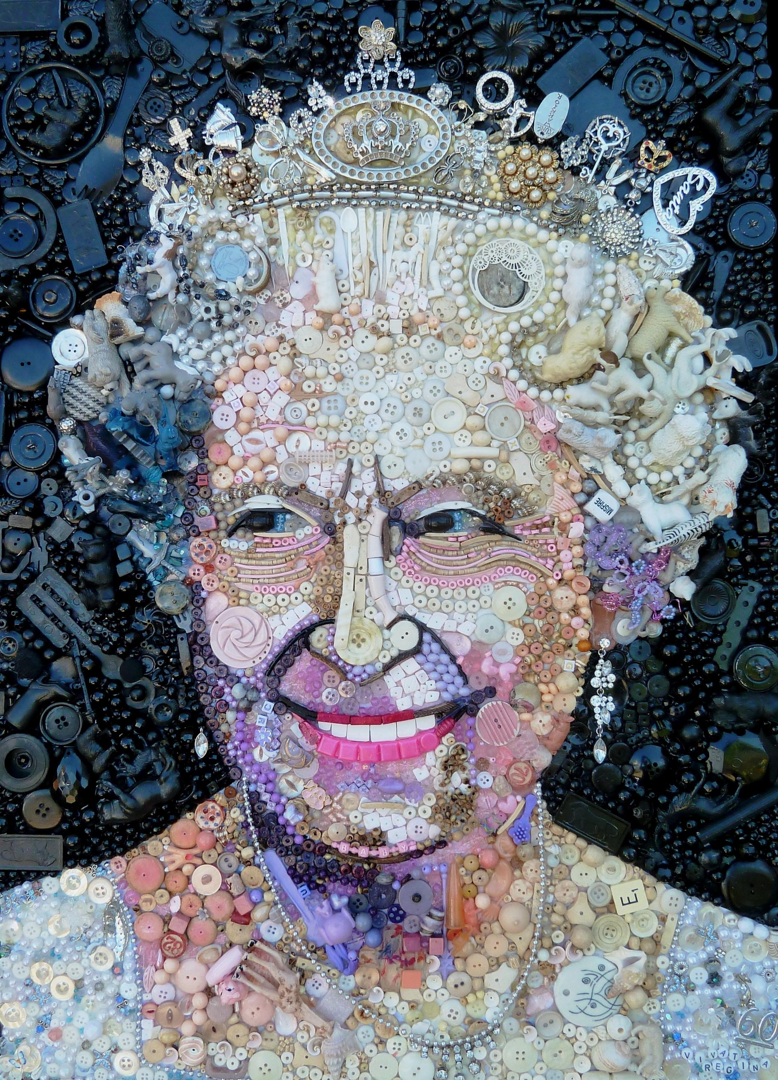 Her Majesty the Queen smiles wearing a tiara. The picture is made up of small buttons and beads.