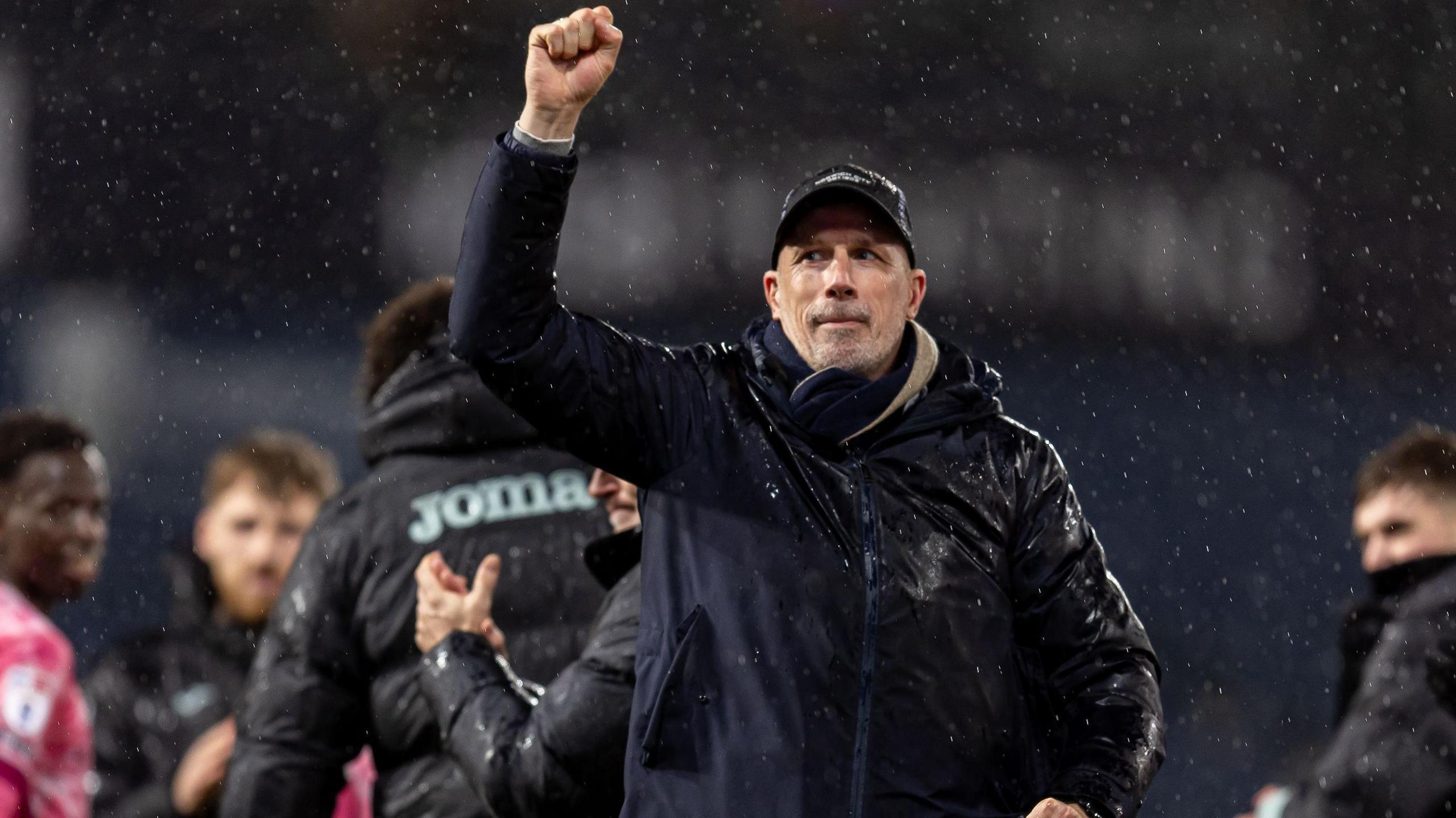 Norwich boss Philippe Clement punching the air after their 5-0 win at West Brom