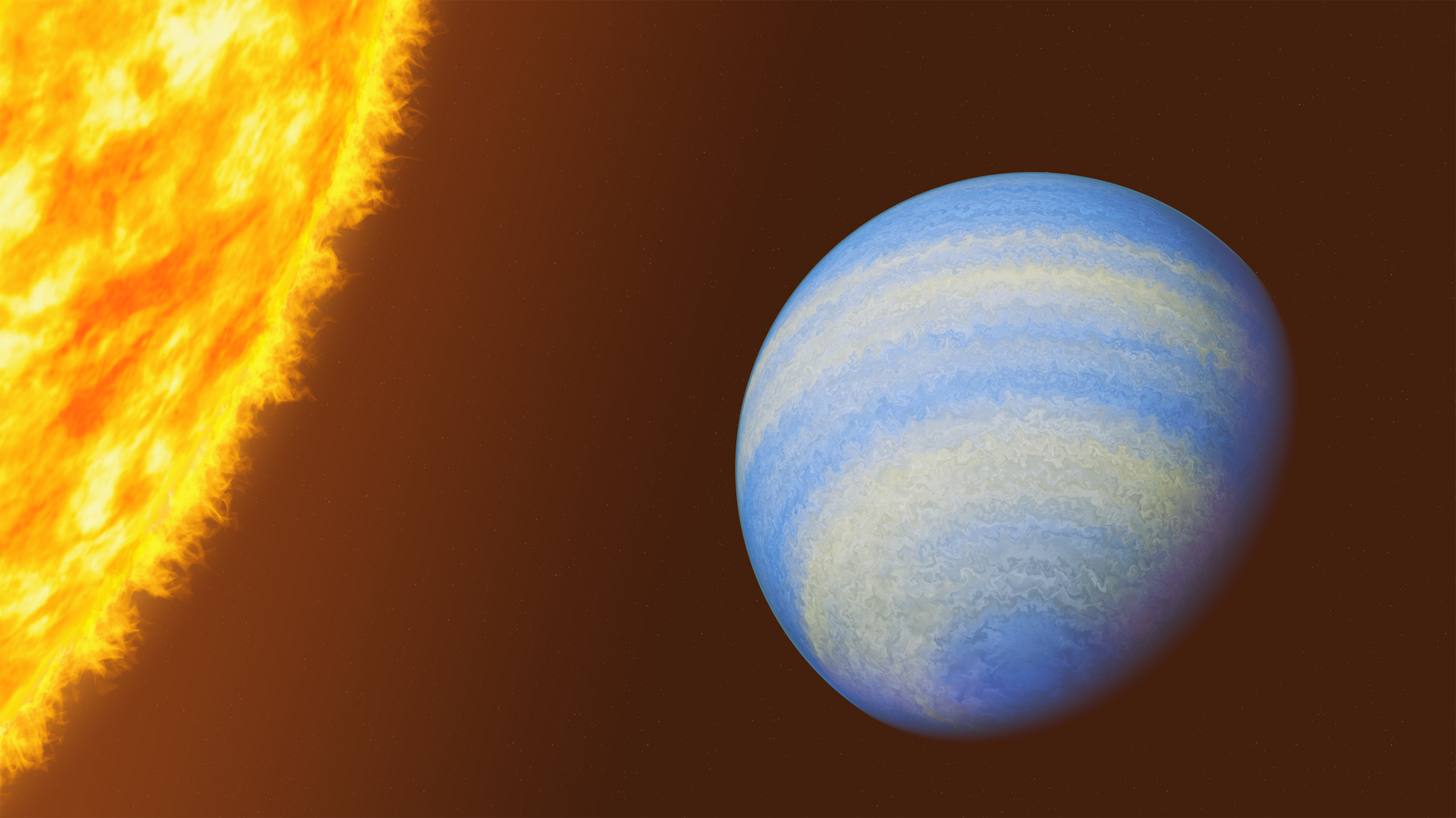 An illustration of a blue exoplanet with the sun close by.