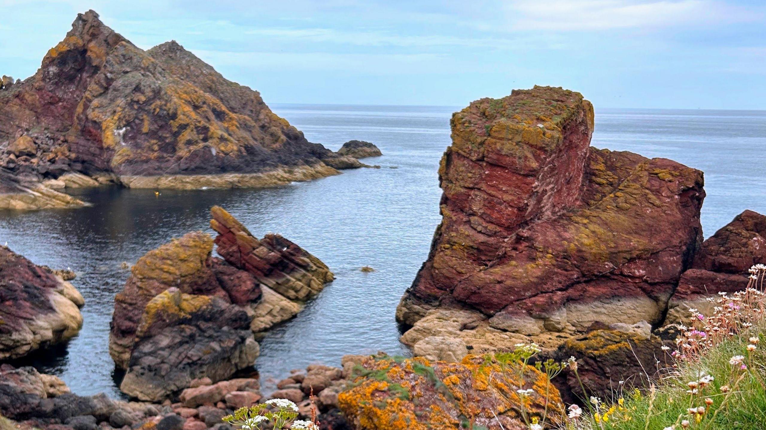 Dark, reddish-brown, and multicolored rocks of various shapes and sizes are scattered along the shoreline and in the shallow water. Some rocks stand out prominently from the water. The water is a deep, dark blue. A patch of green grass with light-coloured wildflowers growing from it is in the bottom right.