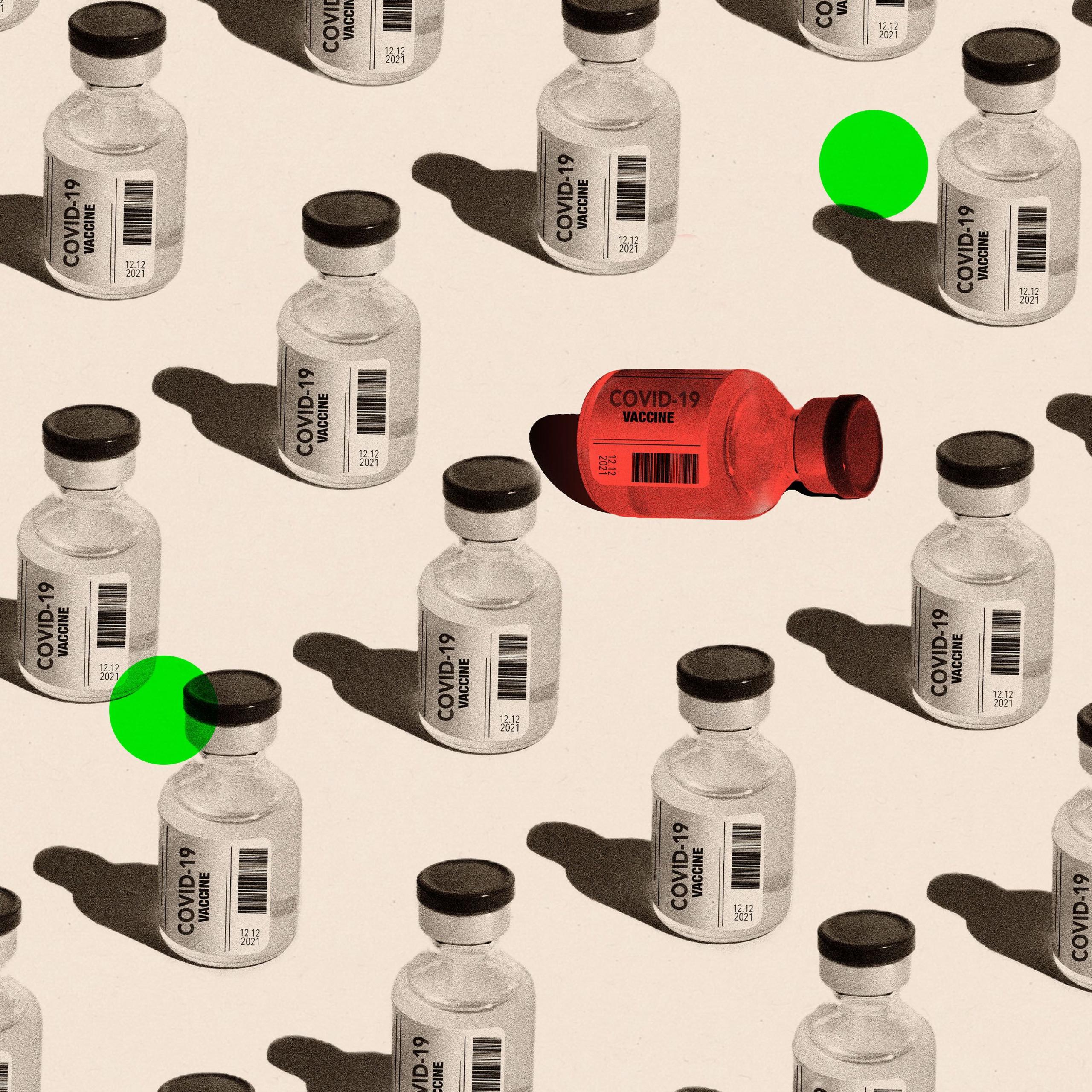 A treated image of Covid vaccination vials, with one tipped over and coloured red