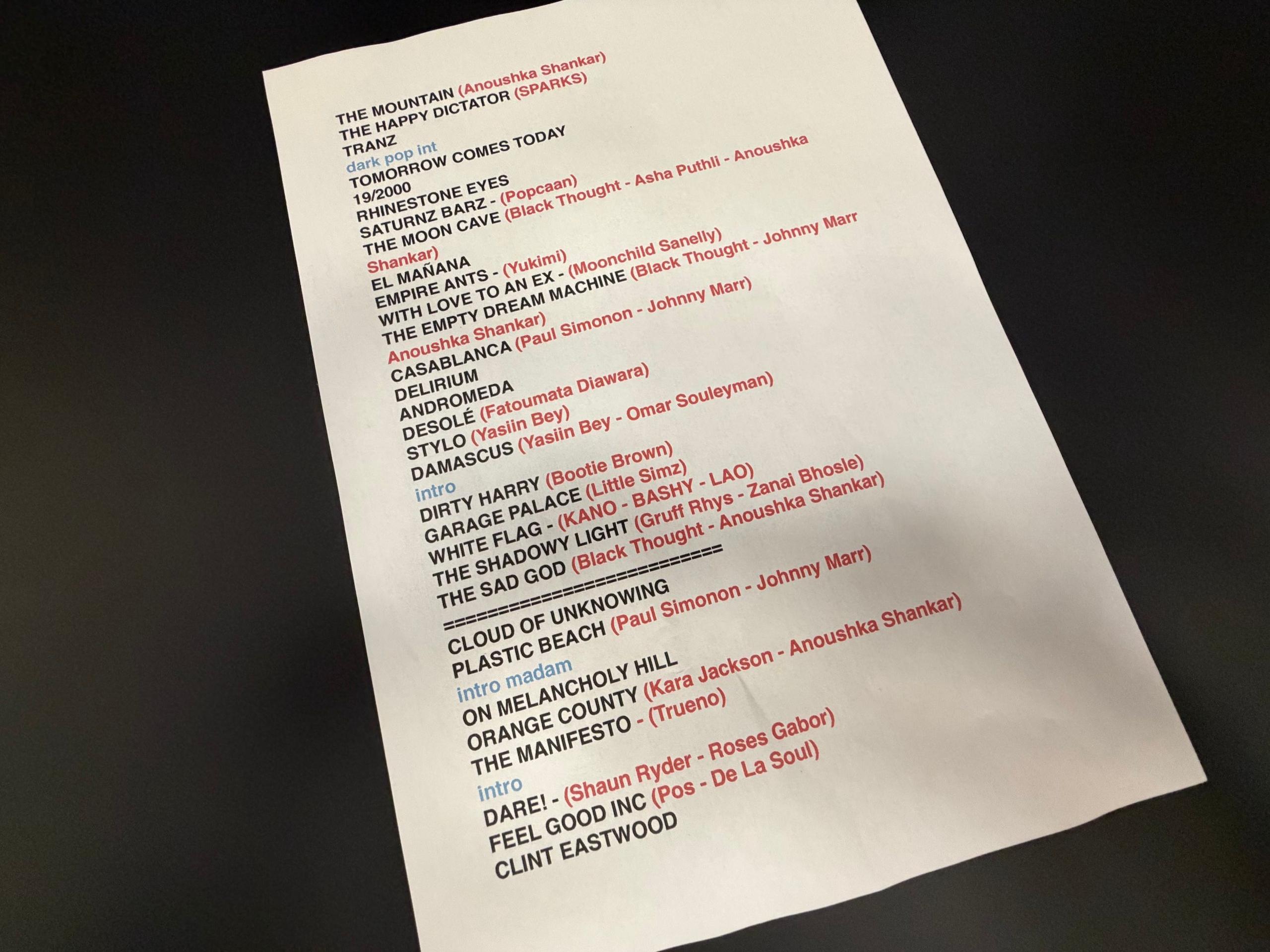 A photo of Gorillaz' setlist at Tottenham Hotspur Stadium on 20 June, 2026