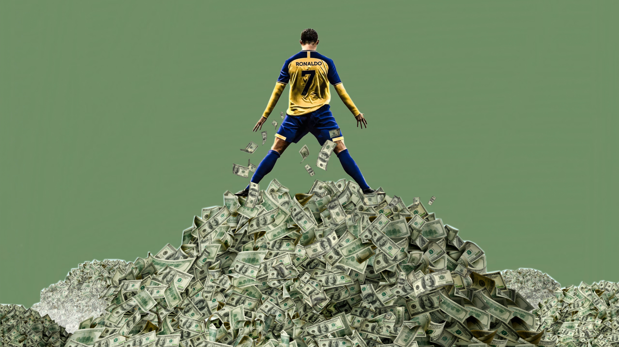 A created image of Ronaldo doing his famous celebration on top of a mountain of money.