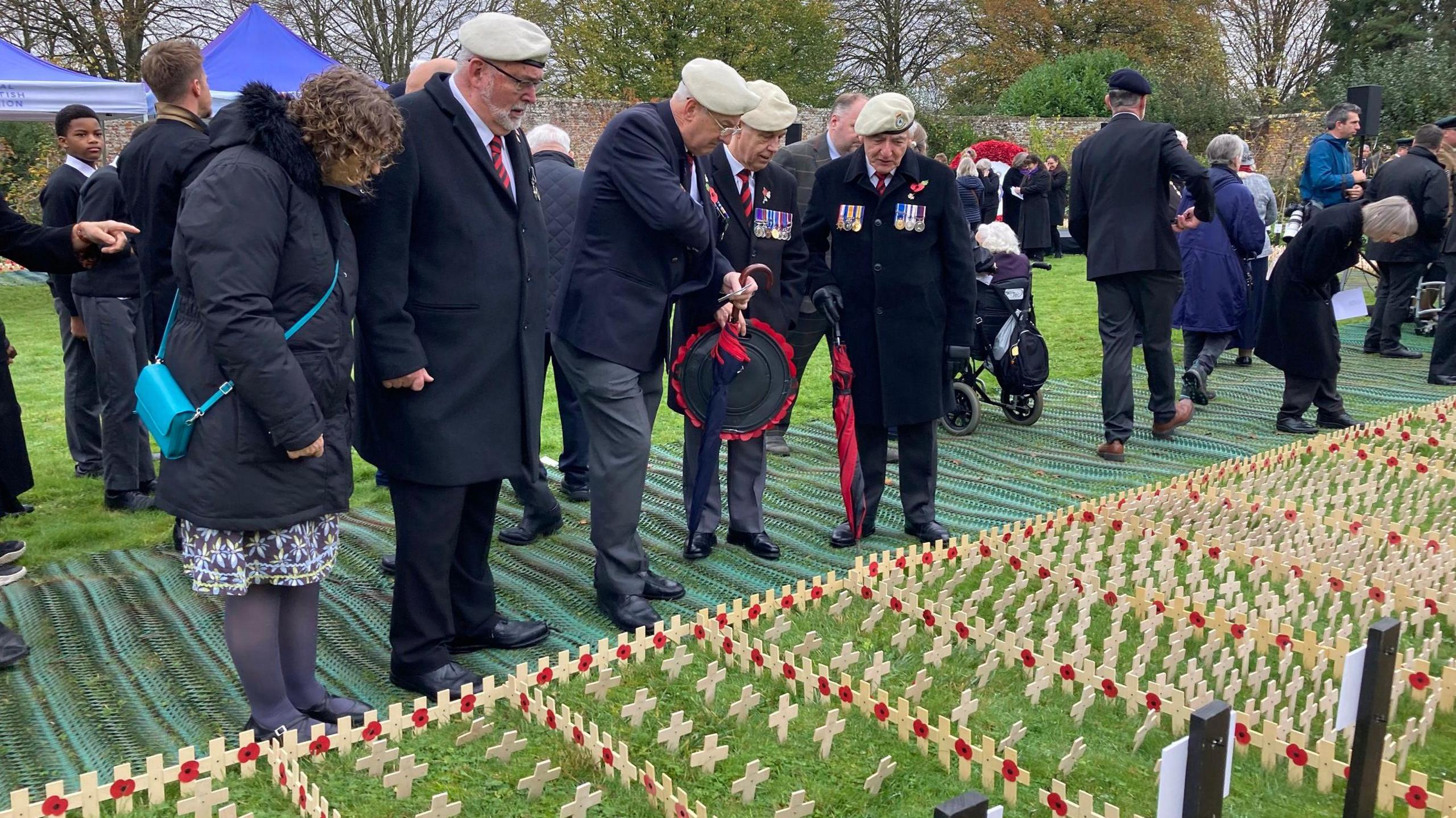 A crowd of people, largely composed of older men wearing suits with army medals on the breast, gaze upon rows of Remembrance crosses in a park