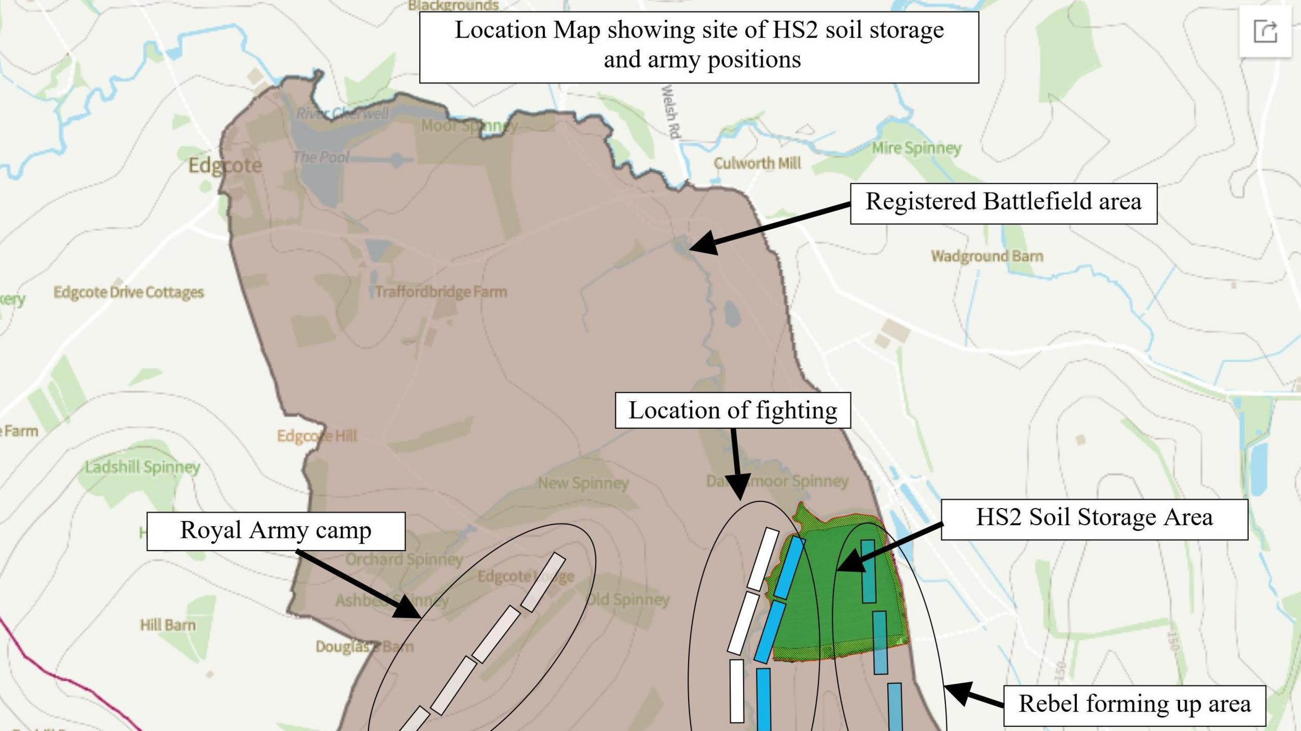 A map showing the layout of the battlefield and where the HS2 soil storage area is located.