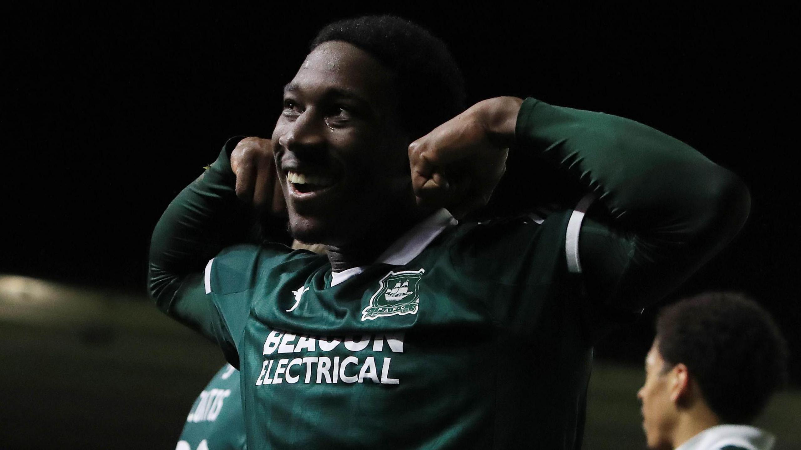 Bim Pepple celebrates after scoring for Plymouth
