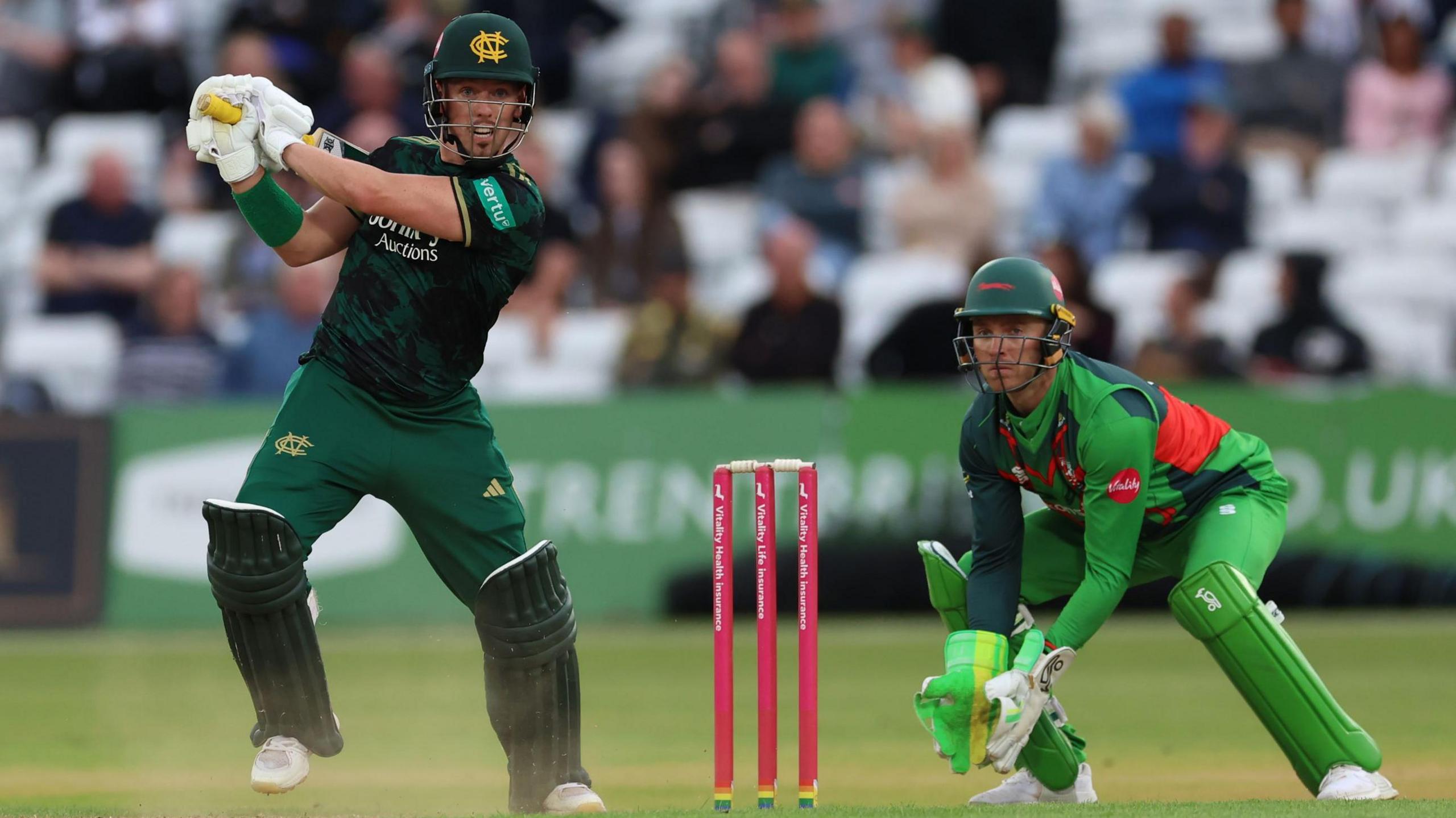 Notts wicketkeeper-batter Tom Moores in action against Leicestershire