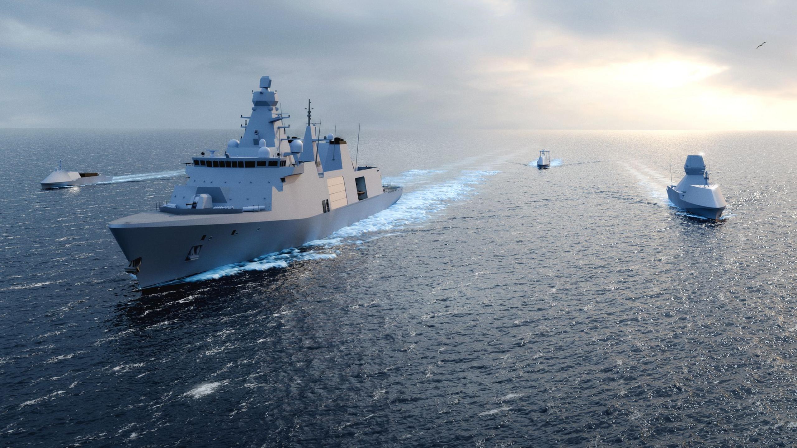 A concept image of a large traditional looking warship surrounded by smaller drone ships