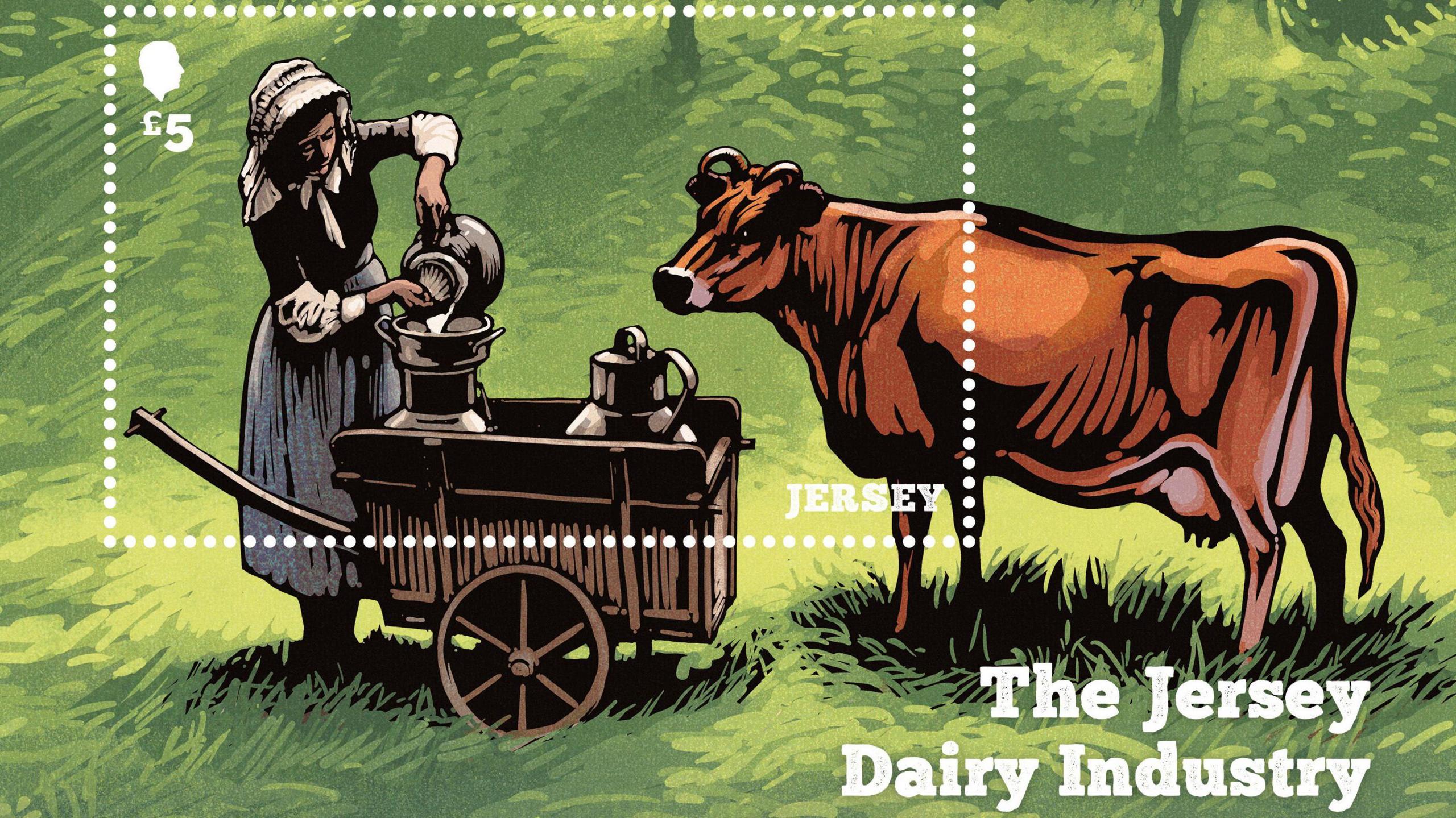 An illustration of a woman wearing a long skirt and bonnet pouring milk from a jug into a churn that is on a small wooden cart. A Jersey cow is watching her. Over the picture is the markings of a stamp, reading £5 and JERSEY, and there is a title reading The Jersey Dairy Industry. 