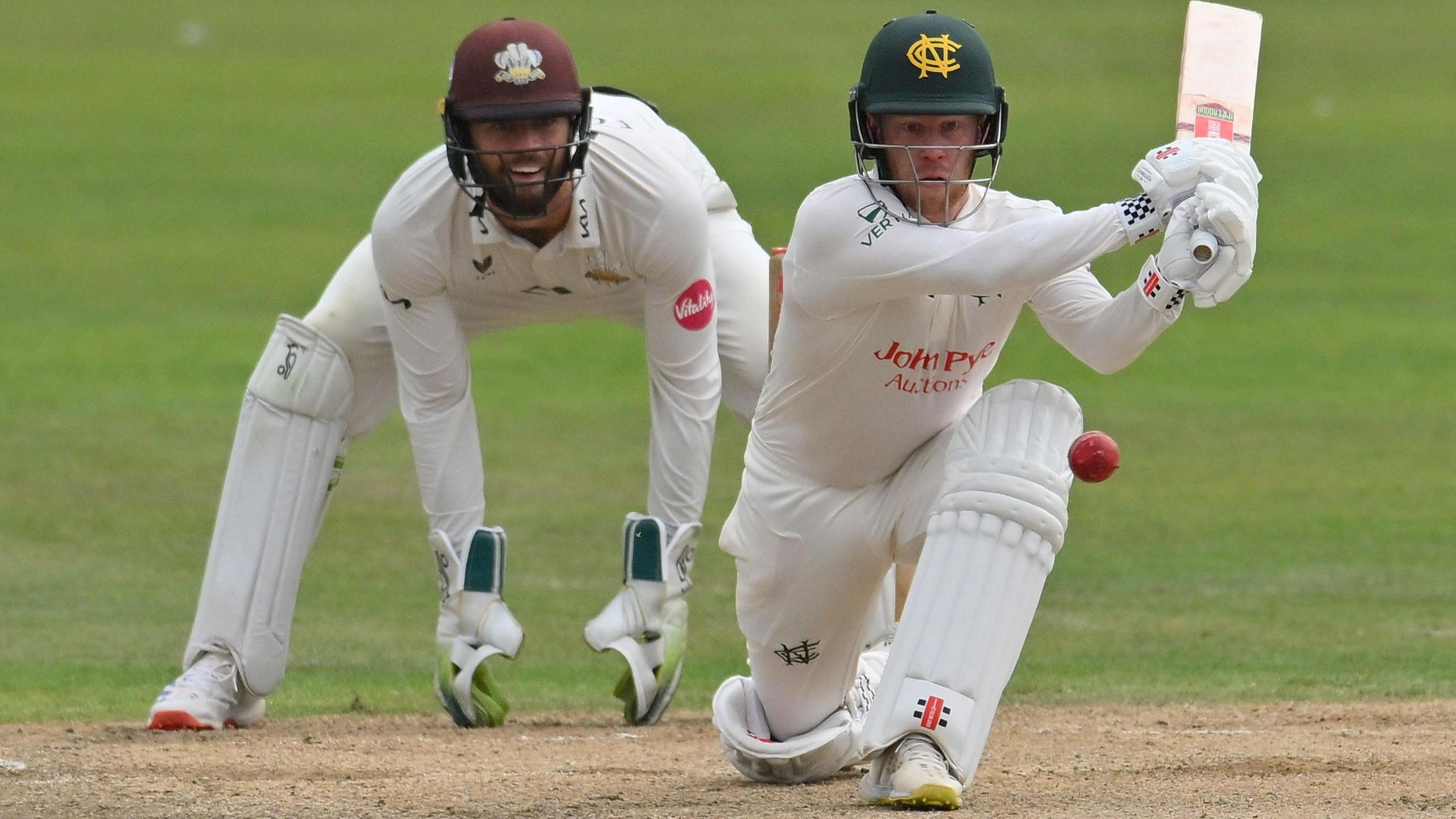 Kyle Verreynne attempts a reverse sweep batting for Nottinghamshire