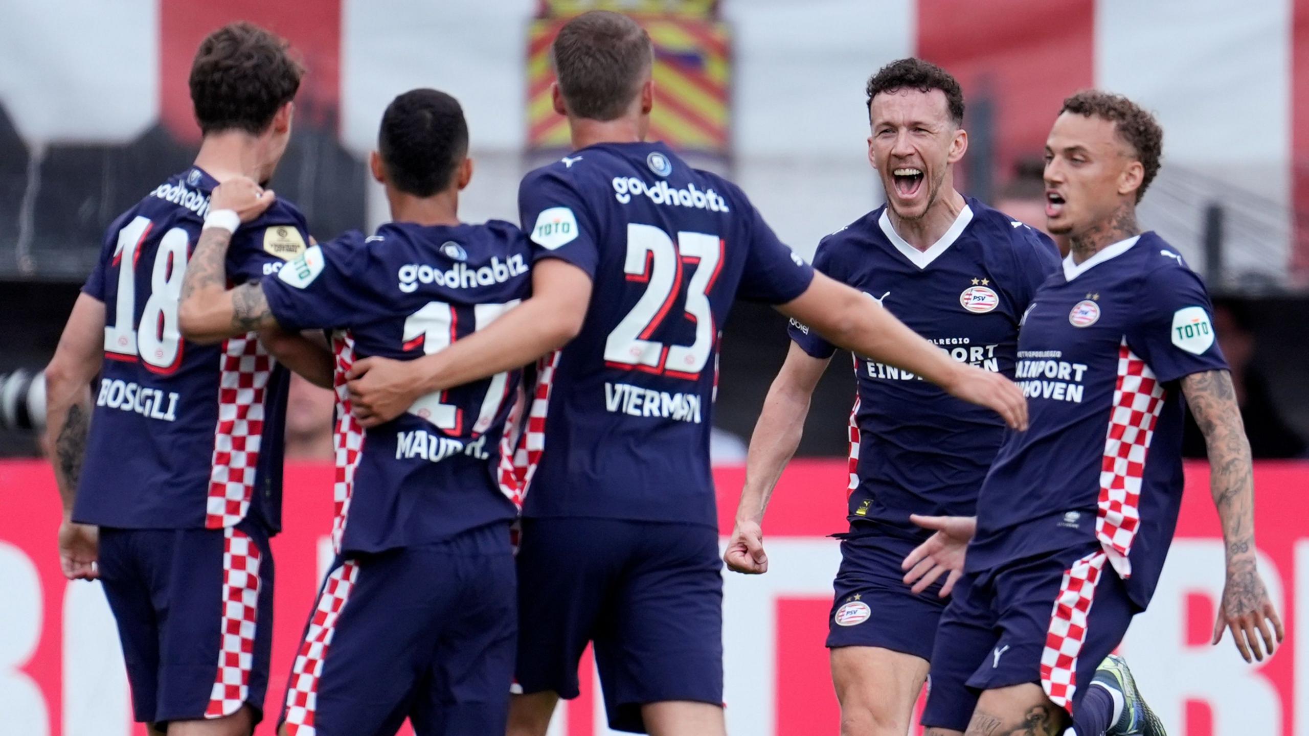Ivan Perisic celebrates with PSV team-mates after scoring against Sparta Rotterdam.