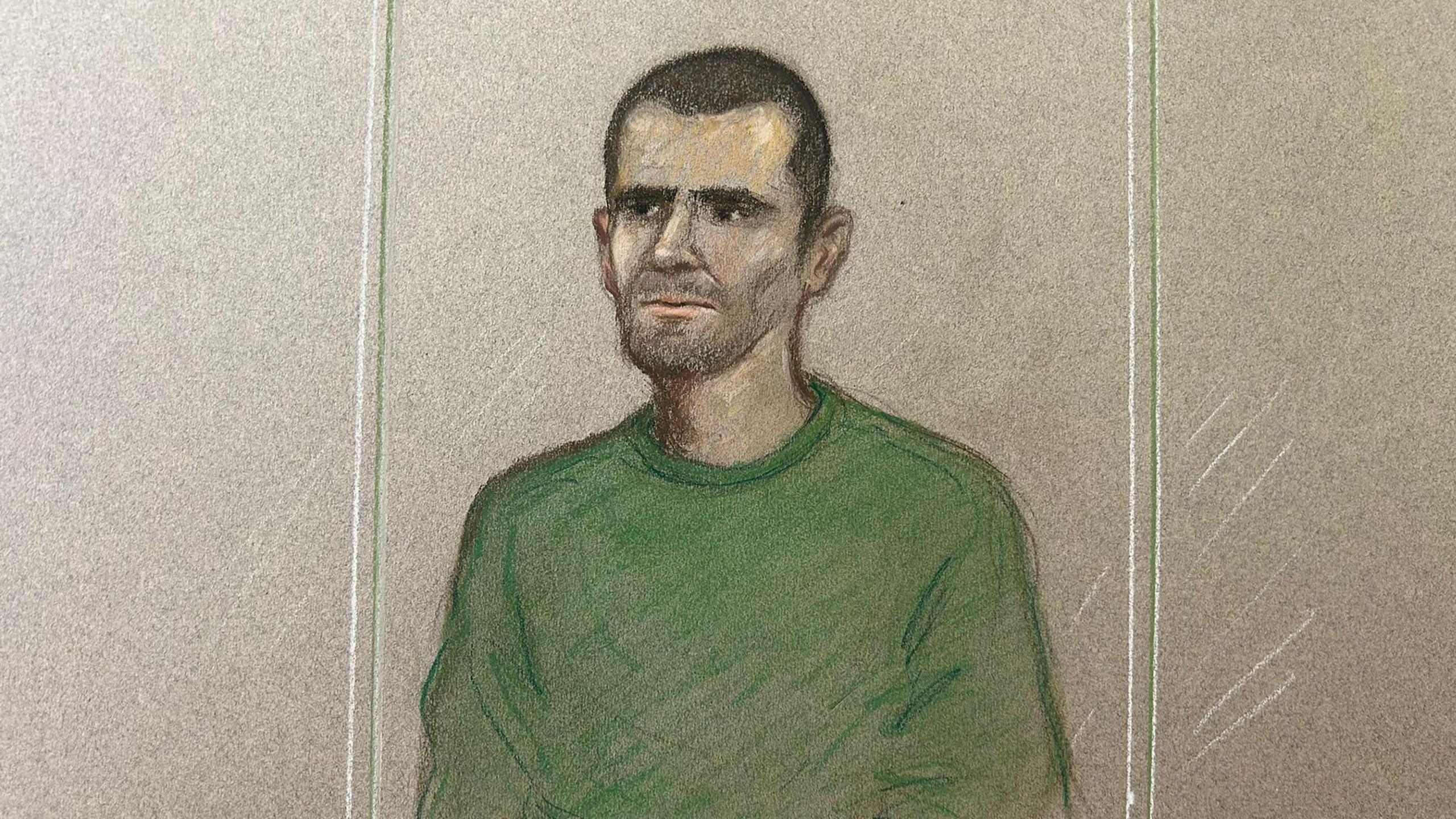 Court sketch of Marcus Monzo, who is wearing a green jumper