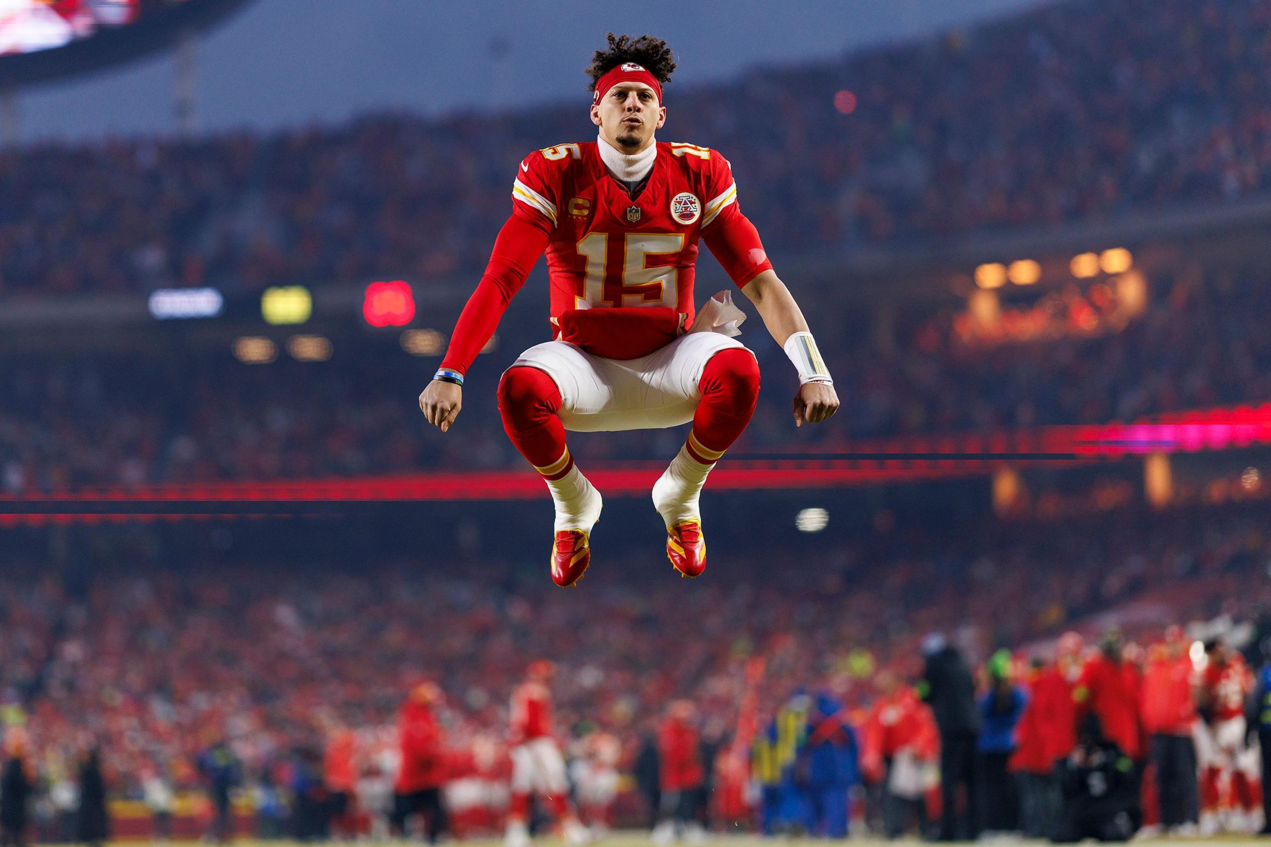 Quarterback Patrick Mahomes of the Kansas City Chiefs gets hyped up prior to the AFC Championship football game against the Buffalo Bills, at GEHA Field at Arrowhead Stadium