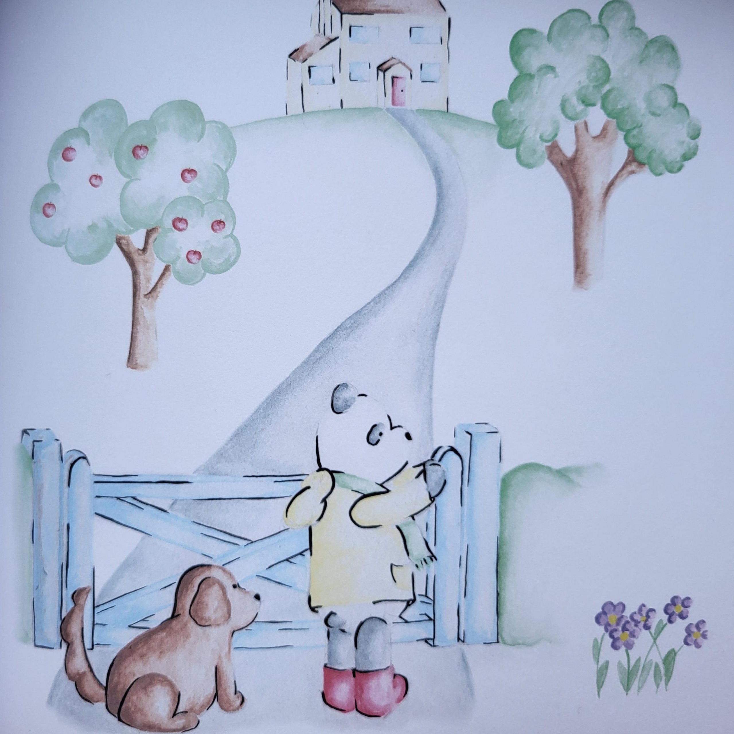 Illustration from a children's book of a teddy bear and a dog at a garden gate. The teddy is wearing a yellow rain coat, red wellies and a green scarf. The dog is brown and there are two trees either side of the garden path, the one on the left has red apples in it 