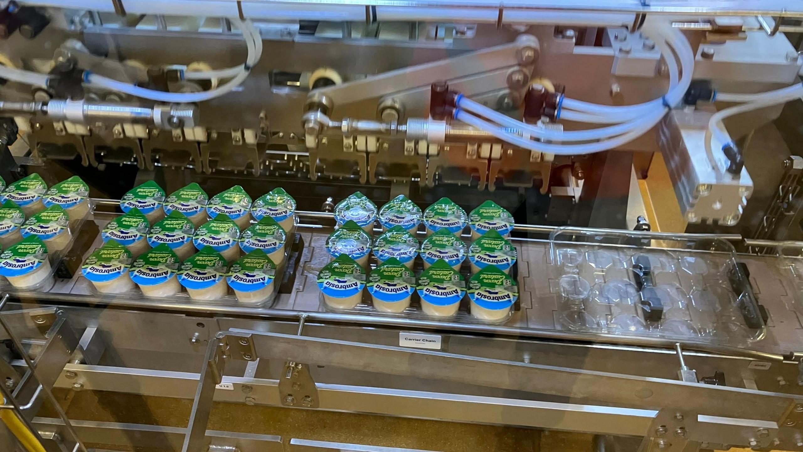 Ambrisia Custard pots on a production line at the Premier Foods creamery in Lifton