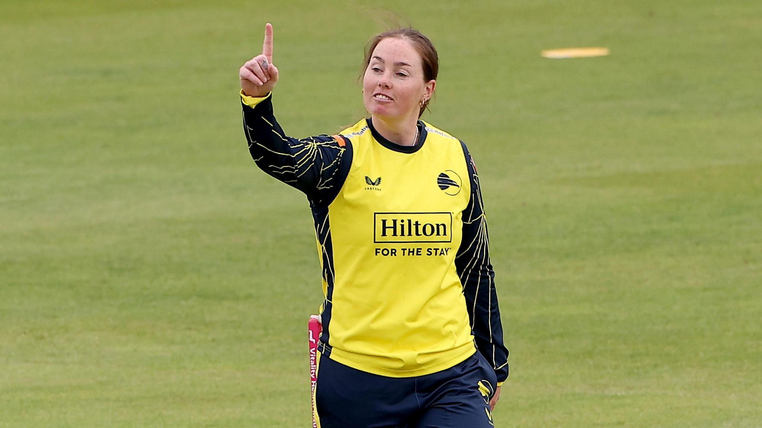 Amanda-Jade Wellington raises a finger as she claims a wicket against Essex