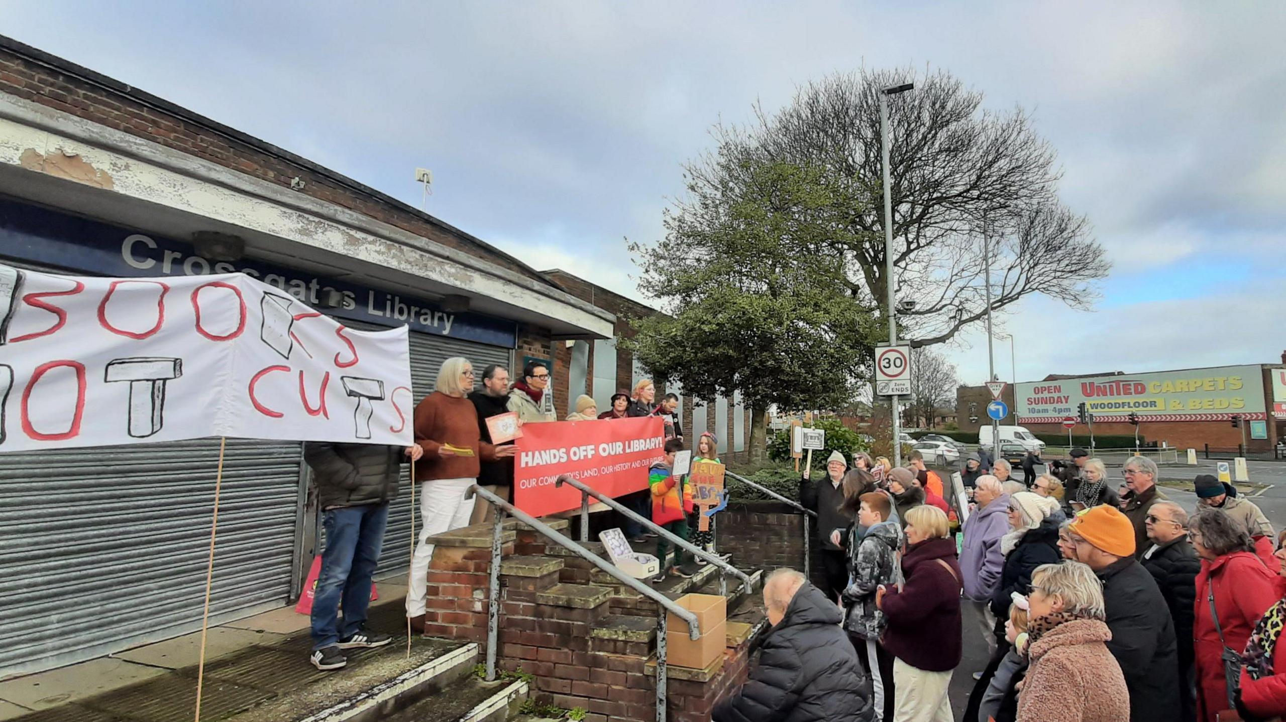 Protest outside Cross Gates' old library in January 2024