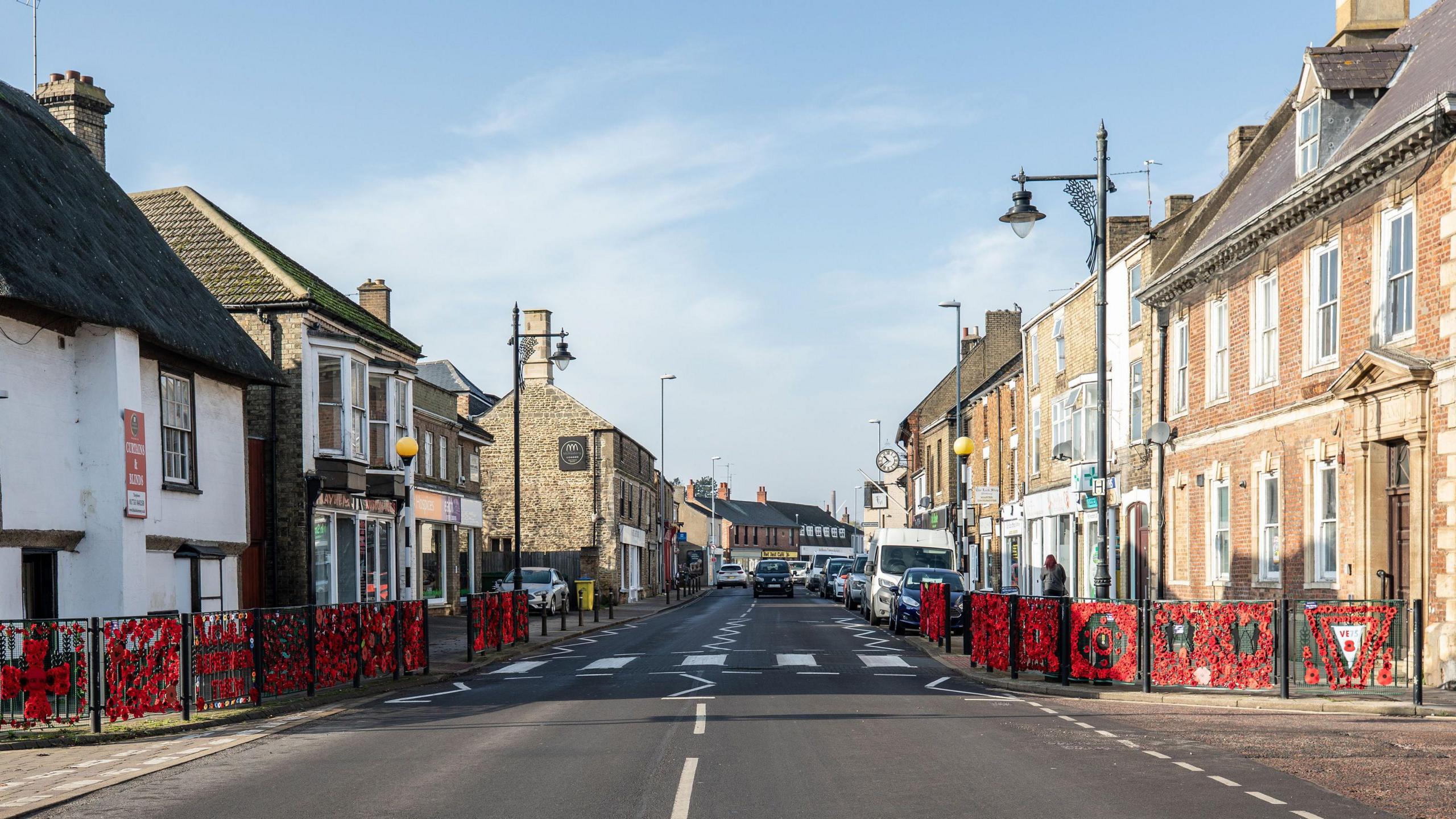 A road with railings on either side - covered with red poppies 