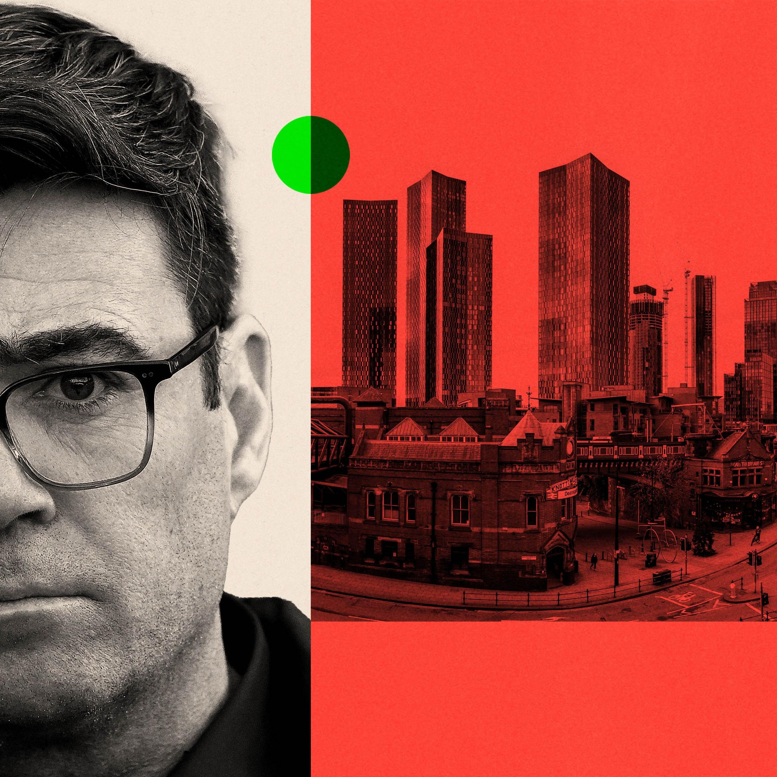A montage image - on the left is the right-hand half of Andy Burnham's face in black and white. He is a white man with dark hair and dark glasses. To the right of the image is a photograph showing a skyline of Manchester, with a red background. A green dot sits across the two images.