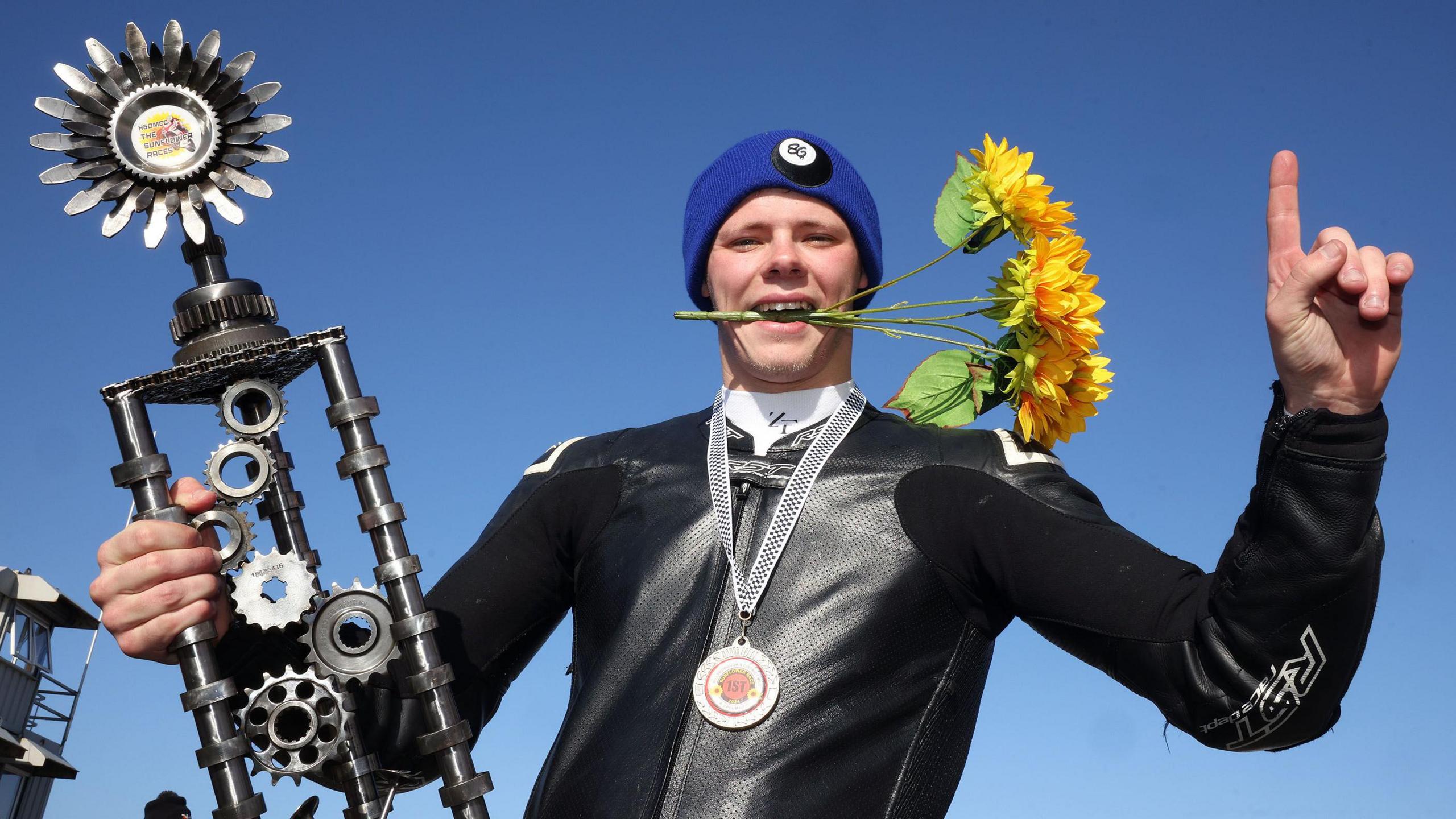 Charlie Nesbitt celebrates his Sunflower Trophy win