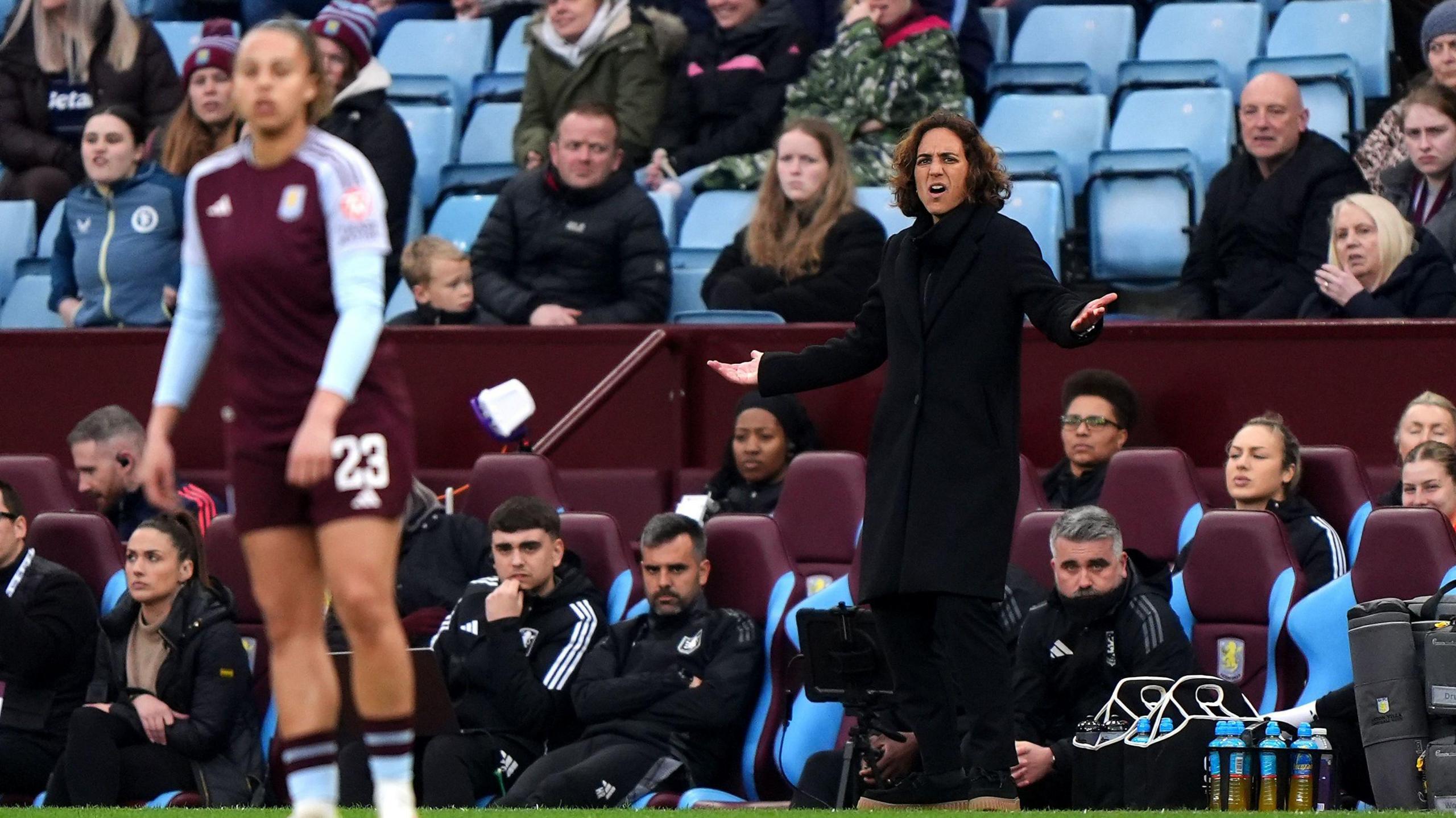 Aston Villa manager Natalia Arroyo reacts on the touchline