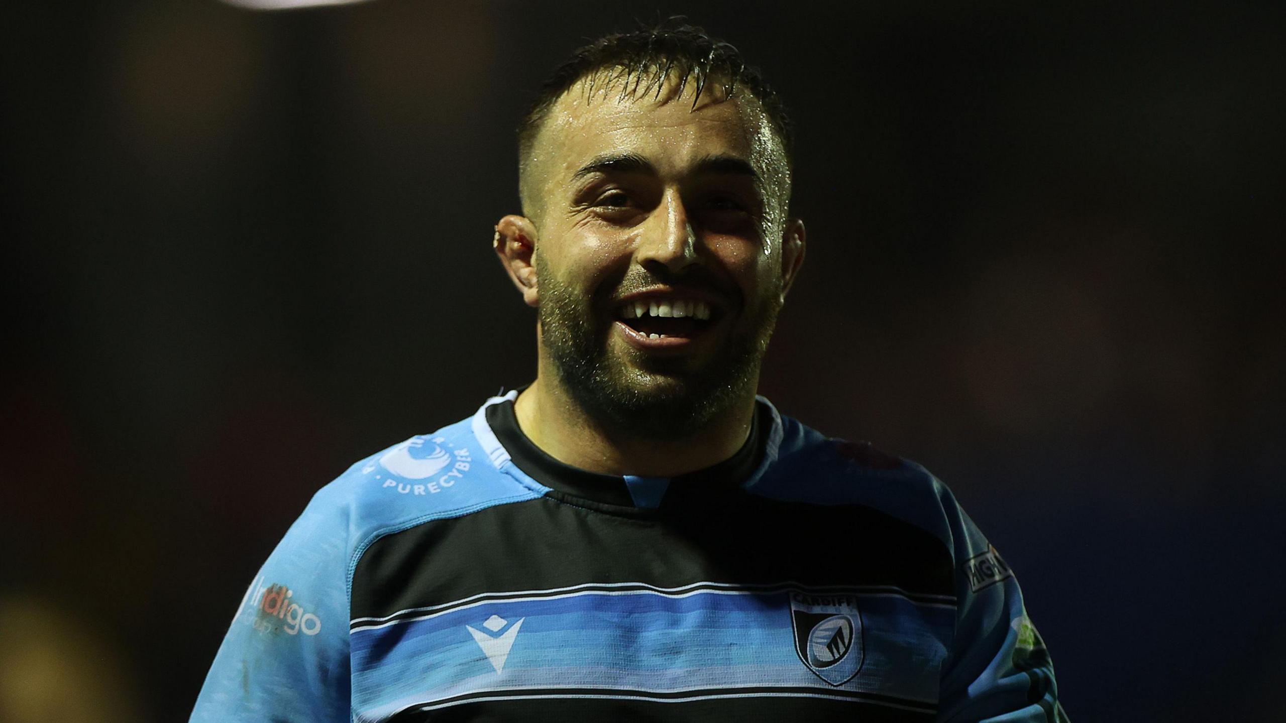Cardiff hooker Liam Belcher smiles during their game against Munster