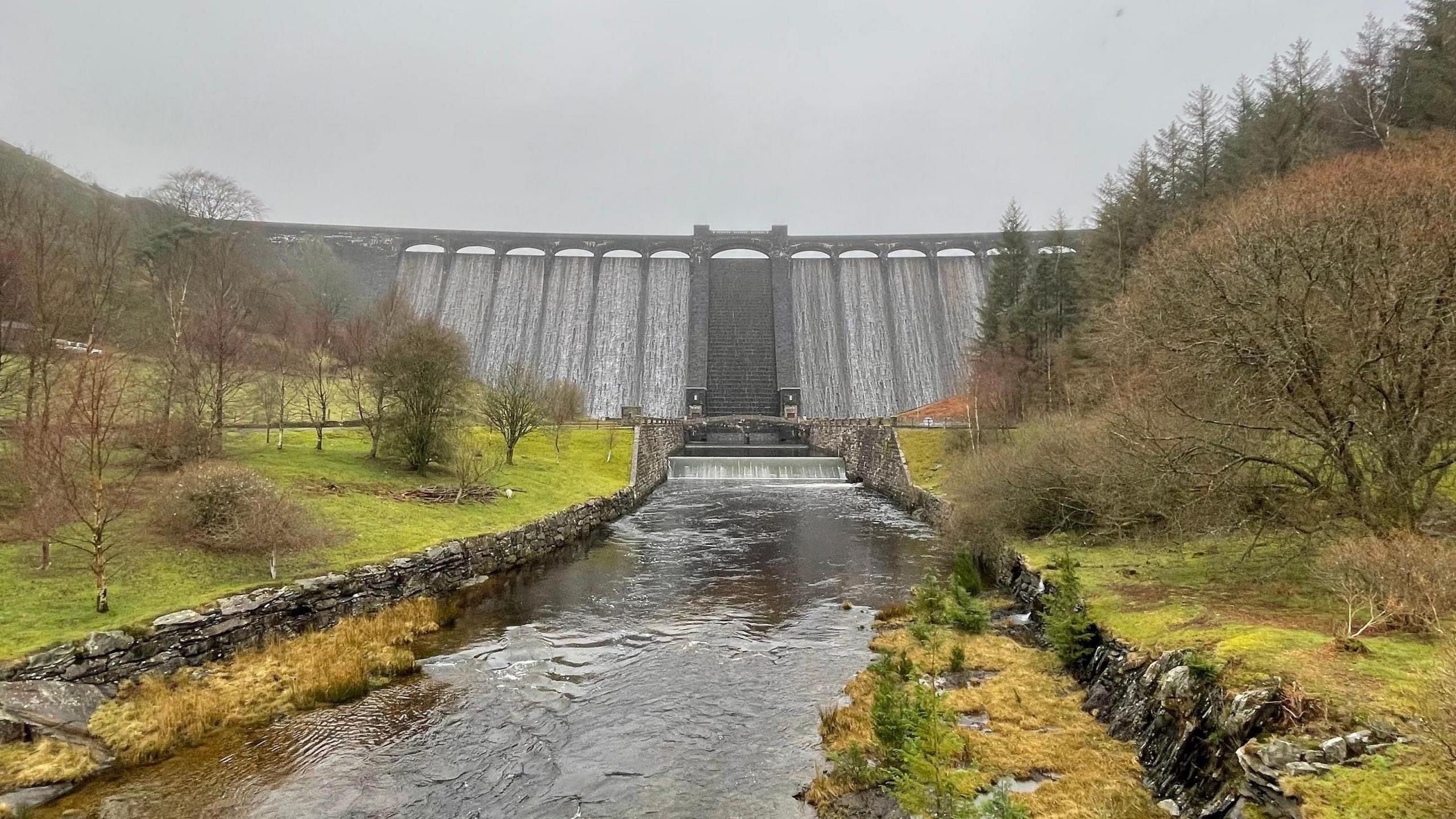 A view from below Claerwen Dam in Elan Valley.