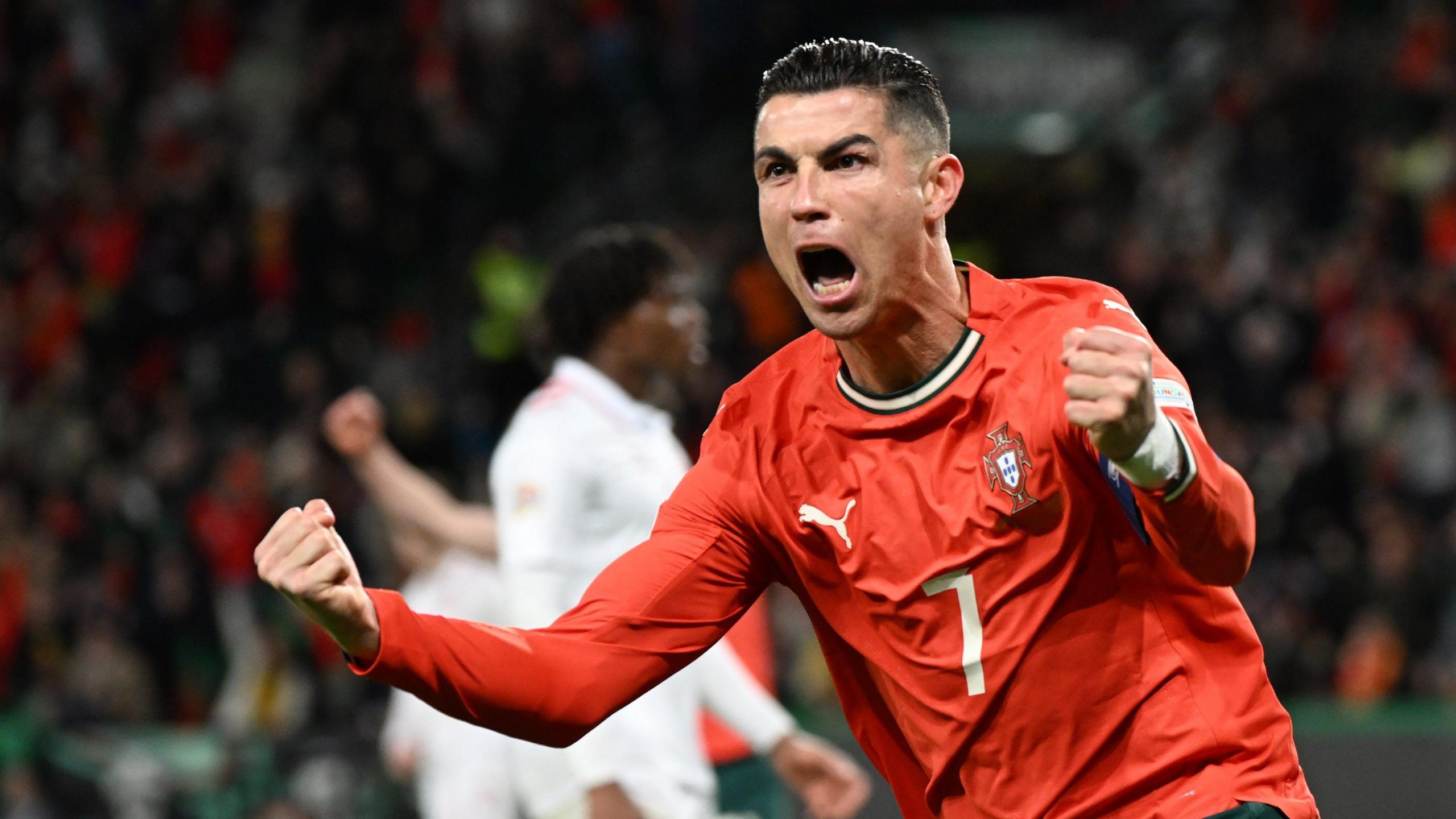 Cristiano Ronaldo celebrates scoring for Portugal against Denmark in the Nations League