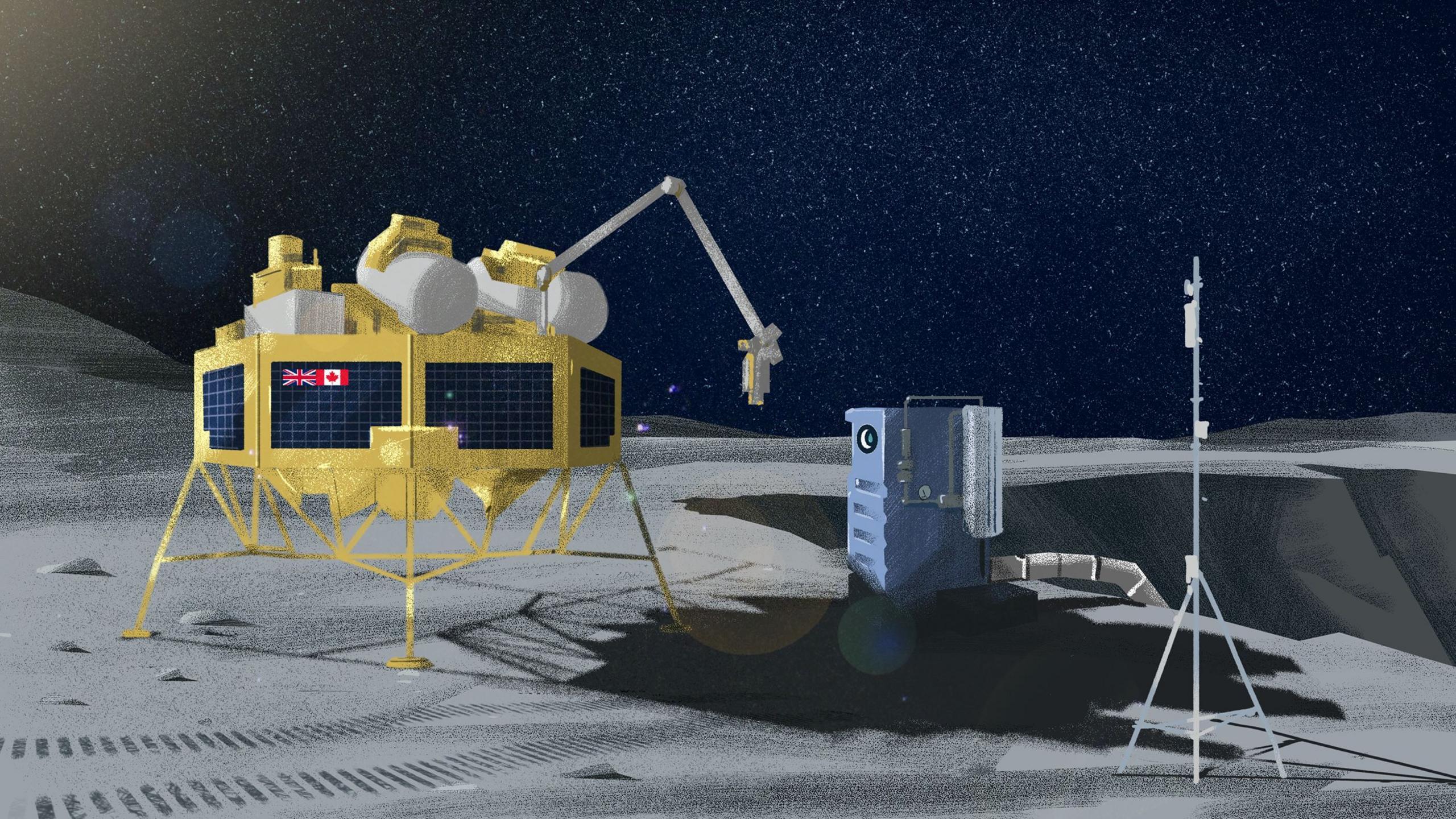 An illustration showing a space module on the Moon next to a tank of water and a crater