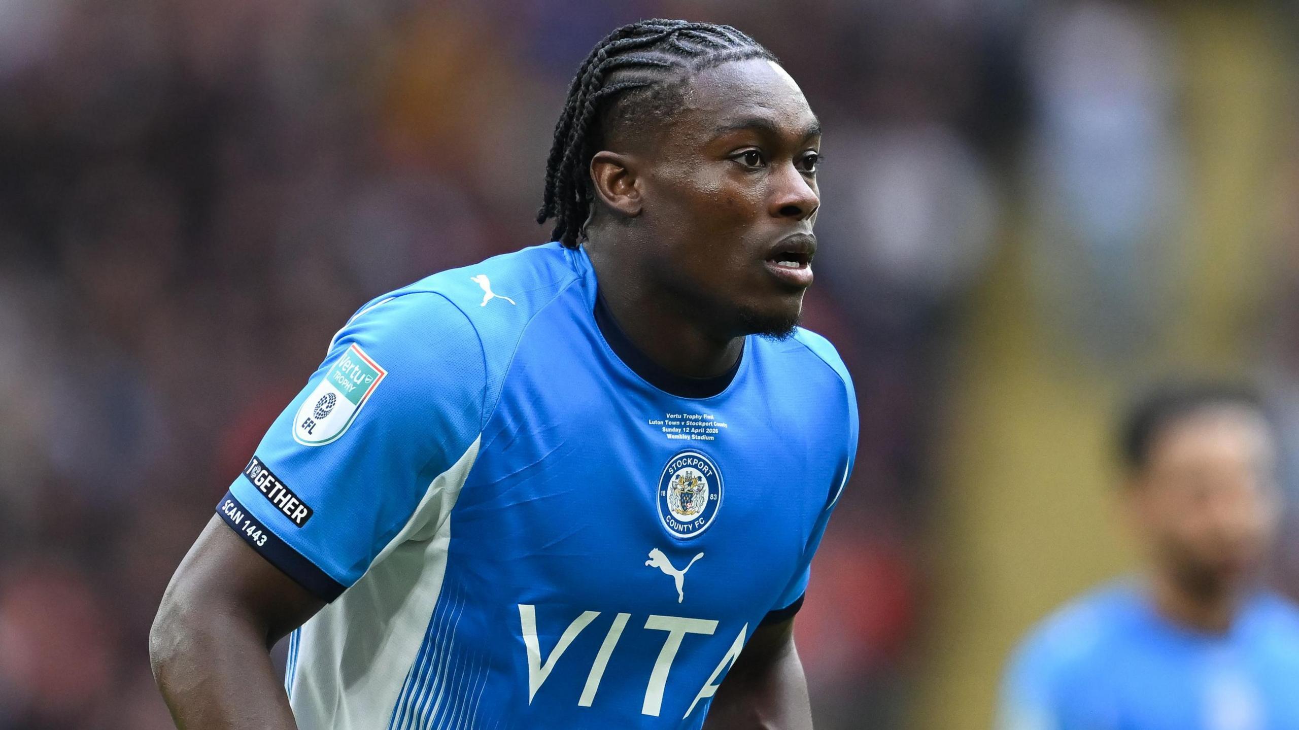 Tanto Olaofe in action for Stockport County during the 2025-26 season