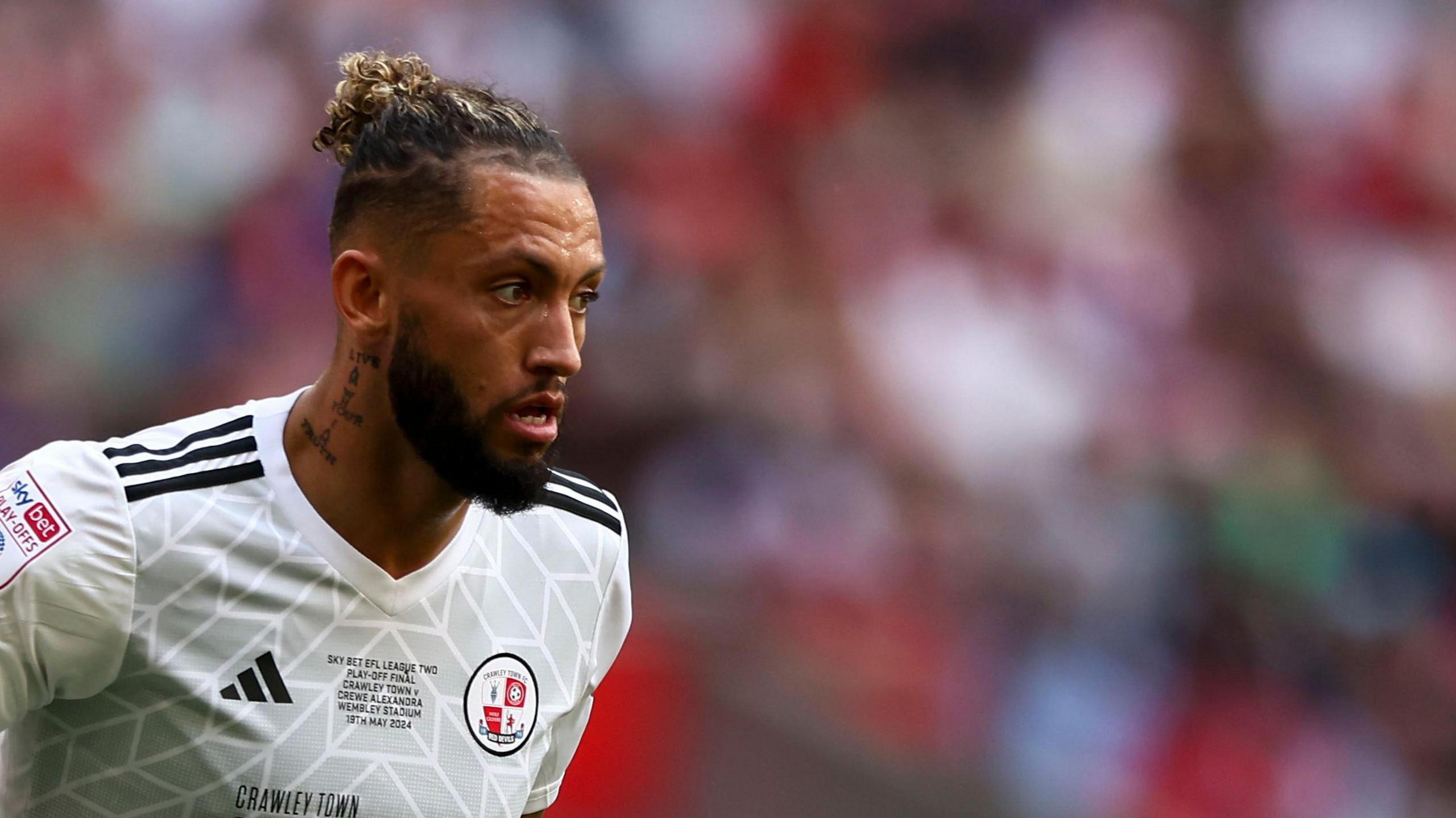 Kellan Gordon in action for Crawley Town in the League Two play-off final